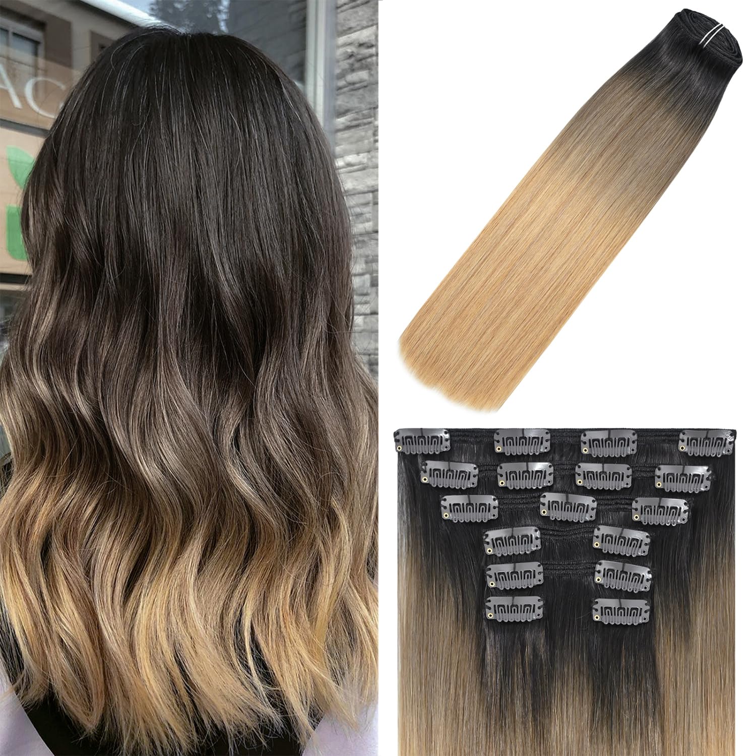 WindTouch Clip In Hair Extensions Human Hair Mixed Bleach Blonde 18Inch 75g Hair Extensions for Women Remy Blonde Extensions Clip in #18p613 7PCS