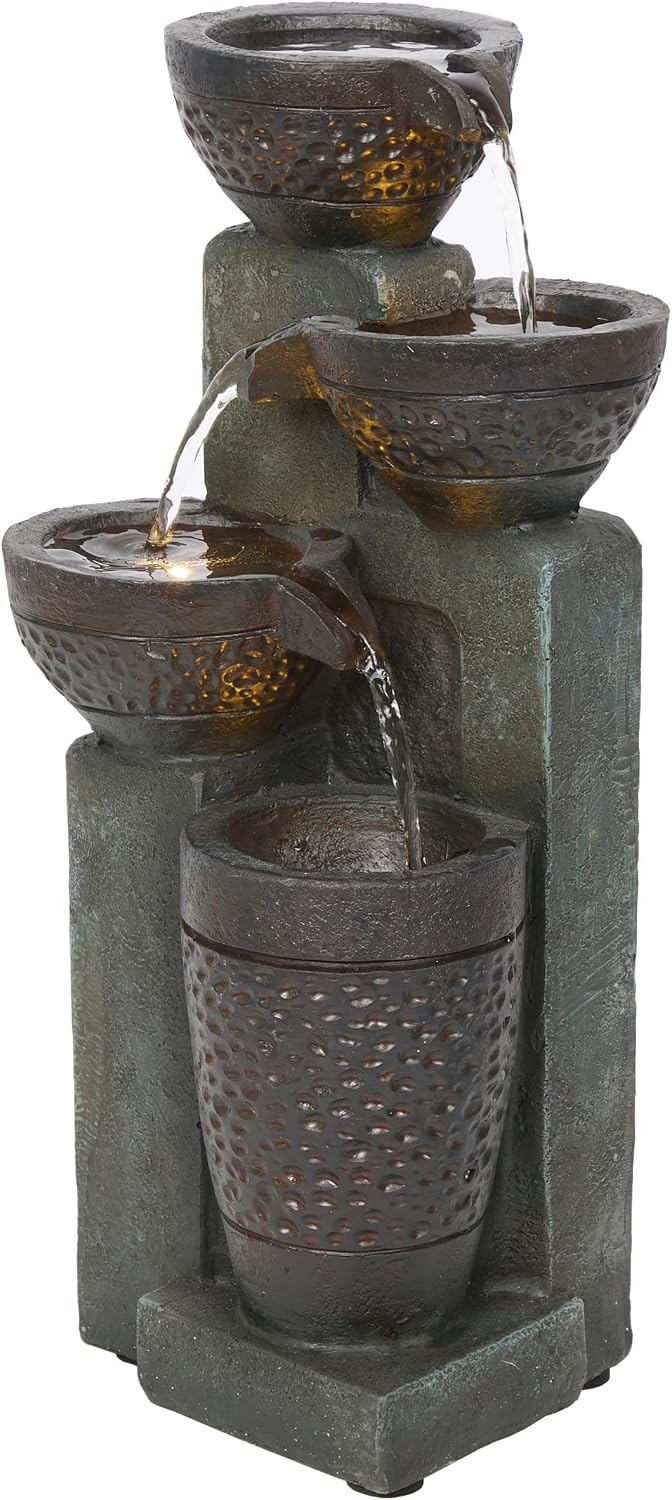 Alpine Corporation WIN326 Indoor Tabletop Light-Up Tiered Rainforest Tree Trunk Water Fountain with LED Lights, 11", Brown