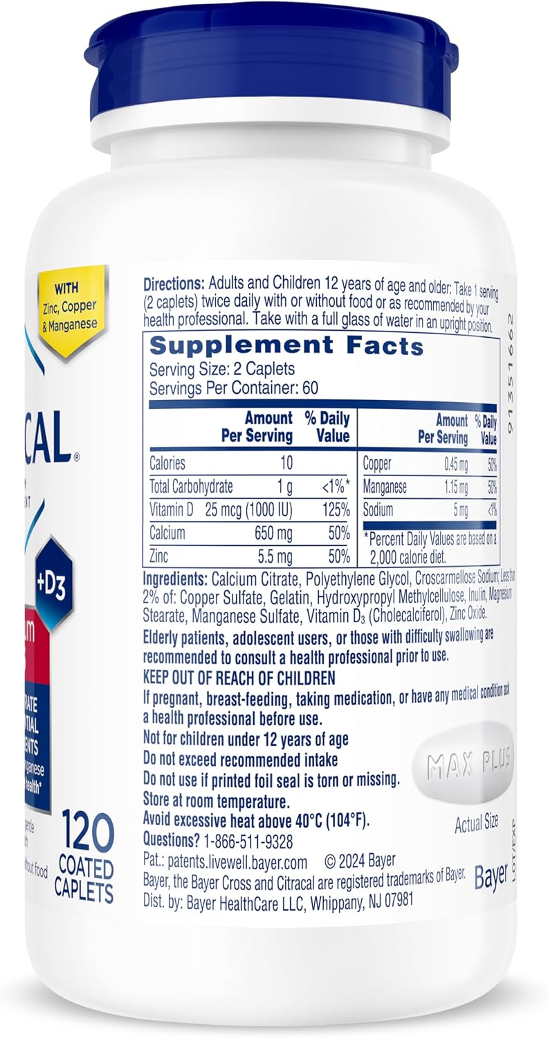 Citracal Maximum Plus Calcium Supplement - Calcium Citrate with Vitamin D3, Zinc, & Essential Minerals for Bone Health Support, Ages 12+