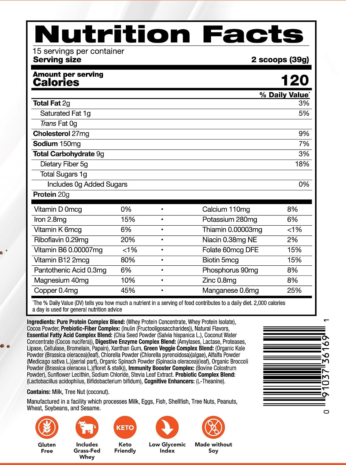 Superfood Grass Fed Whey Protein Isolate Shake Chocolate Brownie Gluten-Free and Non GMO Meal Replacement with Probiotics and Omega 3 (645g)