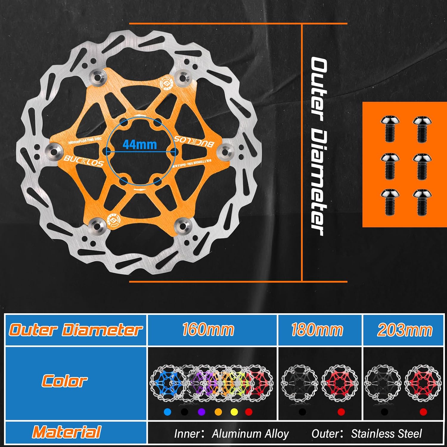 BUCKLOS 160mm 180mm 203mm Floating Disc Brake Rotor, Stainless Steel MTB Brakes Rotors with 6PC Bolts