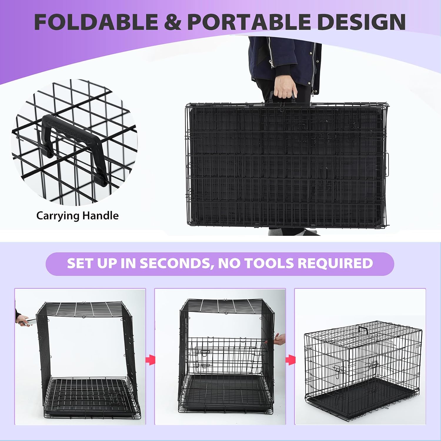 BestPet | Dog Crate | 48" | Black | Foldable Metal Kennel with Double Doors