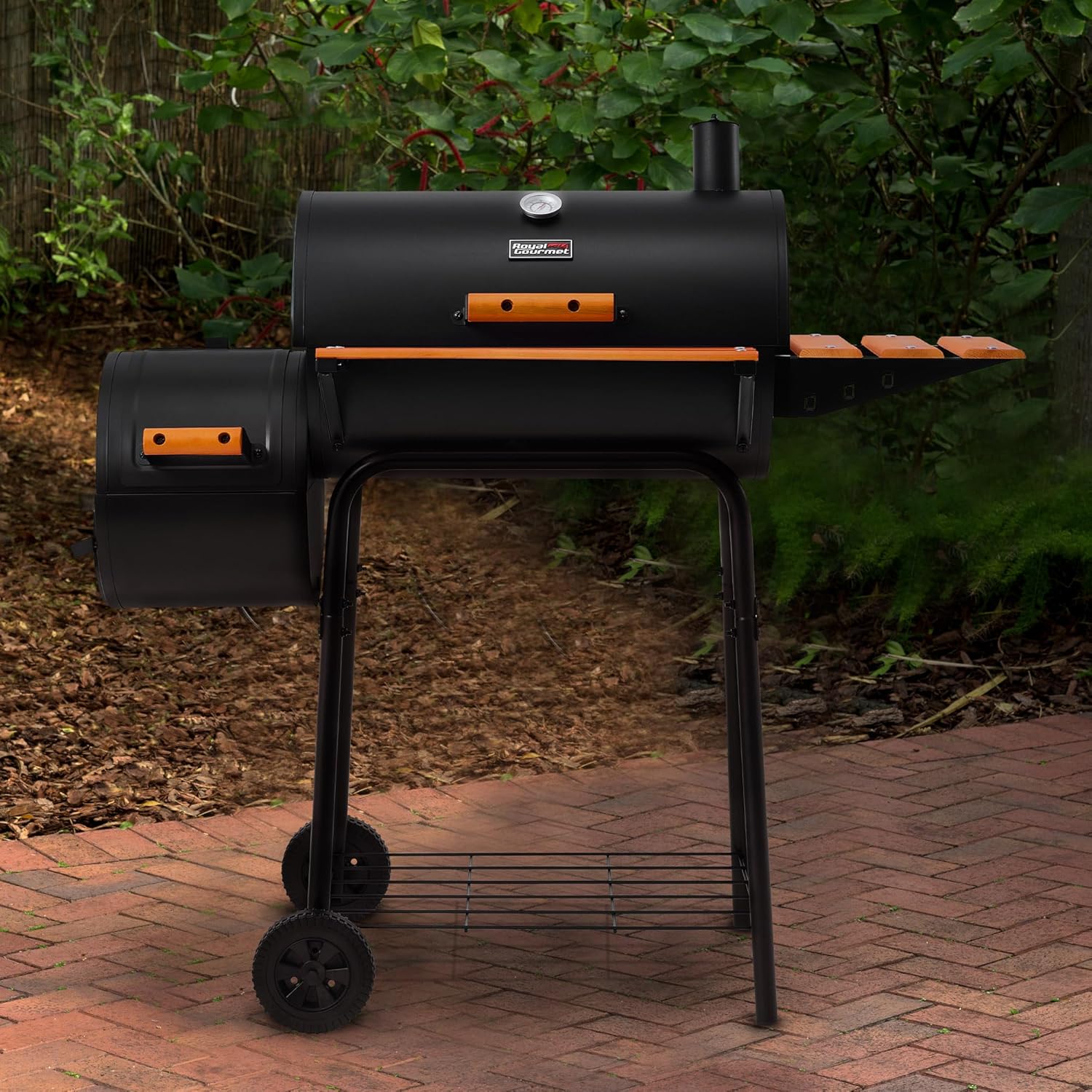 Royal Gourmet CC1624W Barrel Charcoal Grill with Offset Smoker, 552 Sq. In. | Wooden Front and Side Shelf with Hooks, Mesh Bottom Shelf