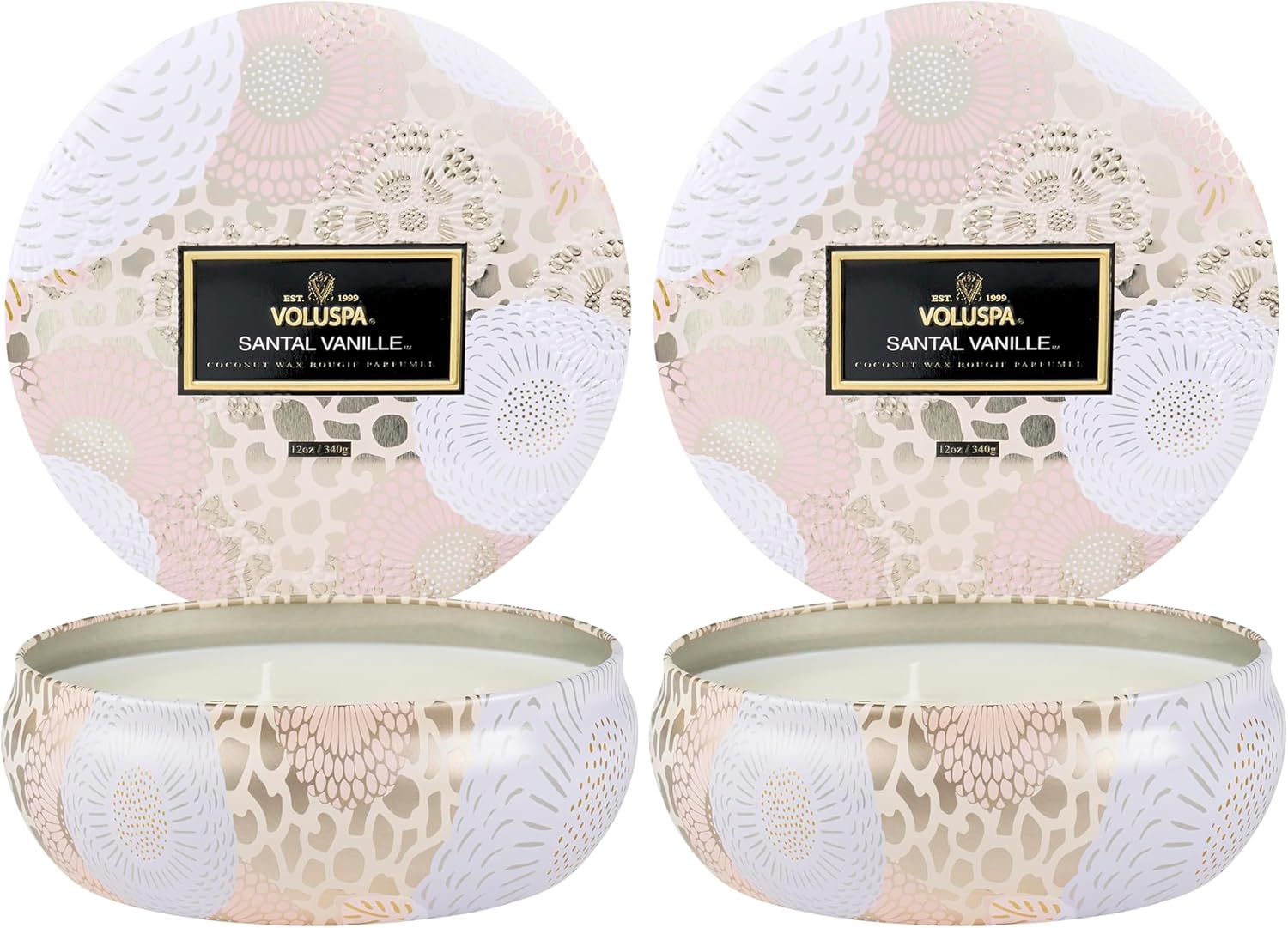 Voluspa Santal Vanille, 3 Wick Tin Candle, 12 oz, 40 Hour Burn Time, Coconut Wax for Clean Burning, Handcrafted in the USA