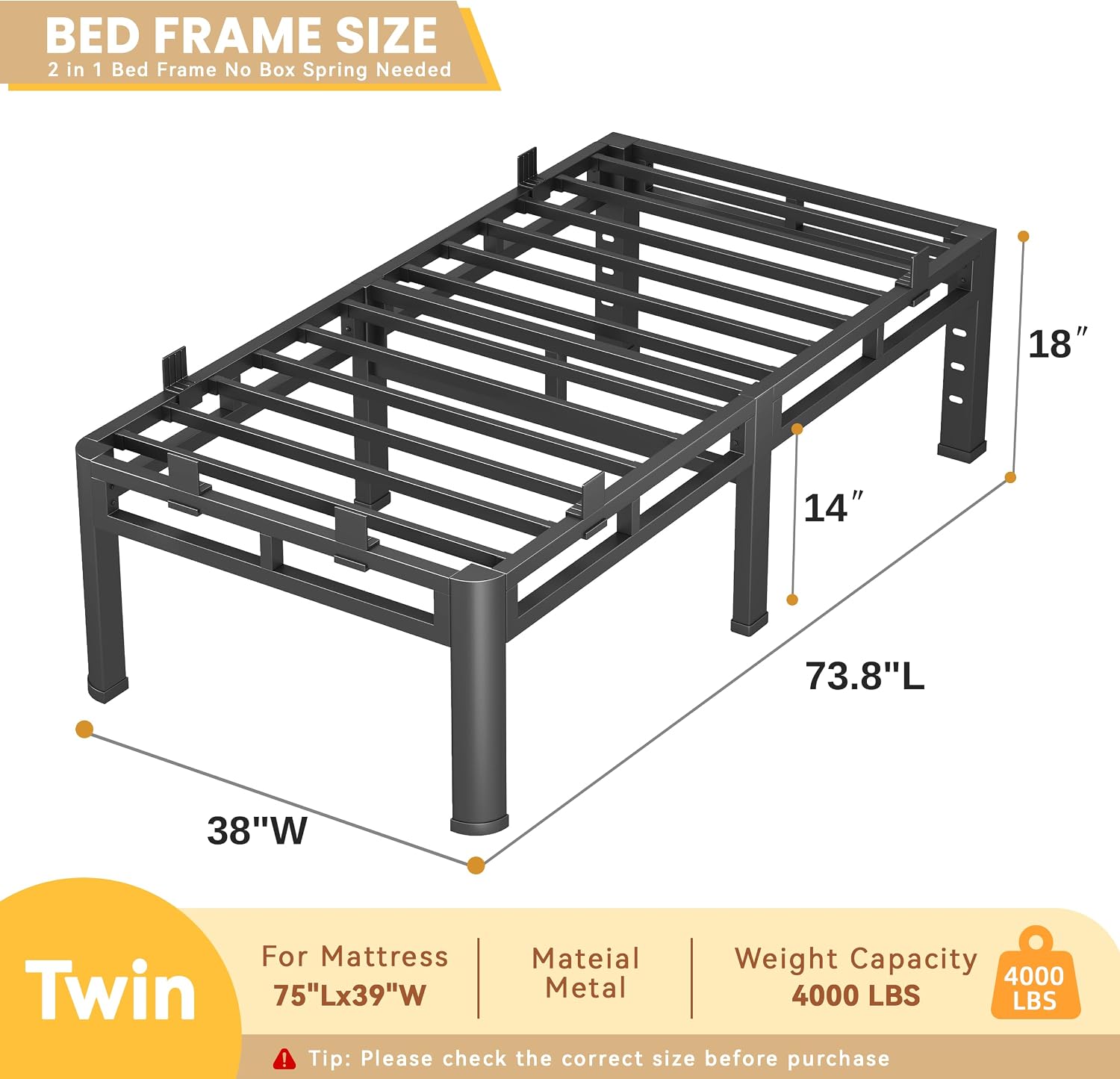 Full Size Bed Frame Metal,14 Inch Heavy Duty Double Layer Platform Black | Easy Assembly,Noise Free,4000lbs Capacity,6 Mattress Stoppers,Round Corner Legs,Headboard Holes,Anti-Slip Rubber Foot Pads