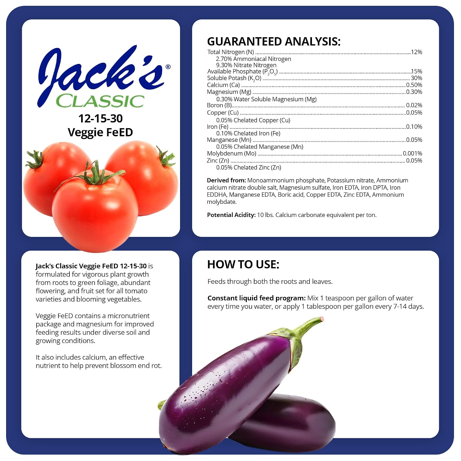 Jack's Classic 12-15-30 Veggie Feed Water-Soluble Fertilizer, 1.5lb | Powdered, Targeted Micronutrient Package, for Vigorous Plant Growth and Abundant Fruit Set, Liquid Root & Foliar Feeding