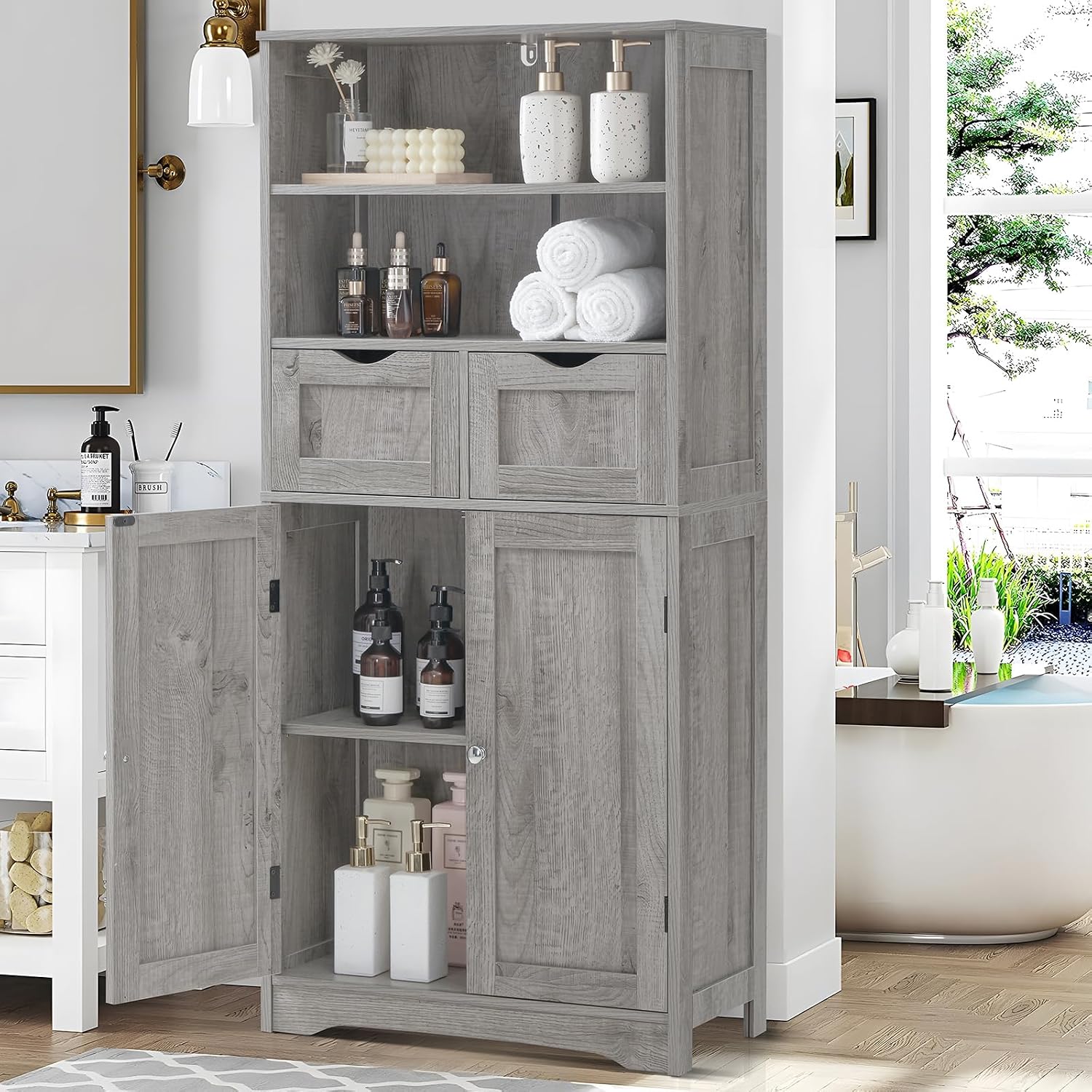 Iwell Storage Cabinet with 2 Drawers & Adjustable Shelves, Cupboard, Floor Cabinet for Living Room, Home Office, Rustic Brown