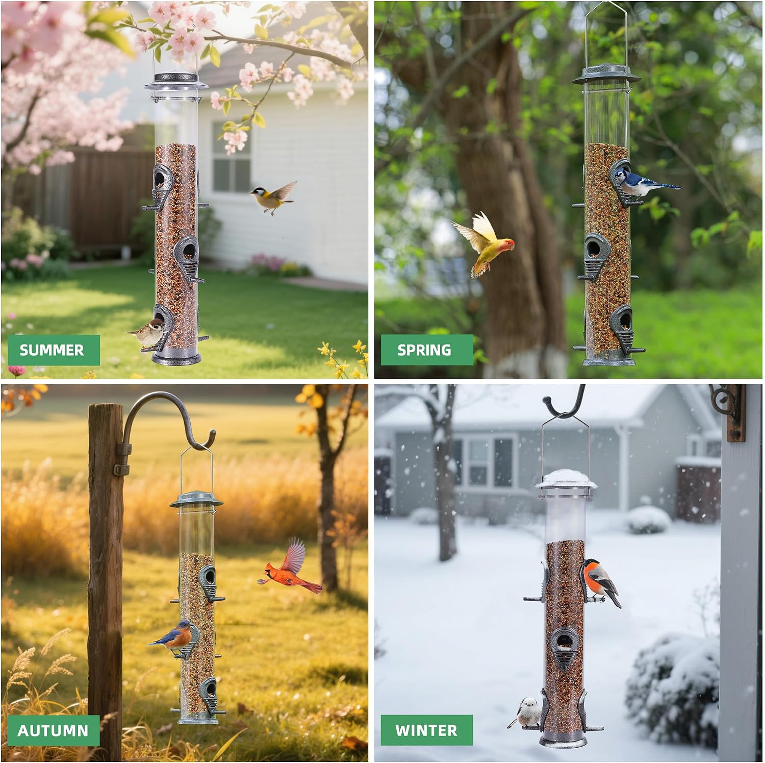 MIXXIDEA 1PK Metal Bird Feeders with 6 Feeding Ports, Tube Bird Feeder with Steel Hanger, Hard Plastic Wild Bird Feeder for Outdoors Hanging