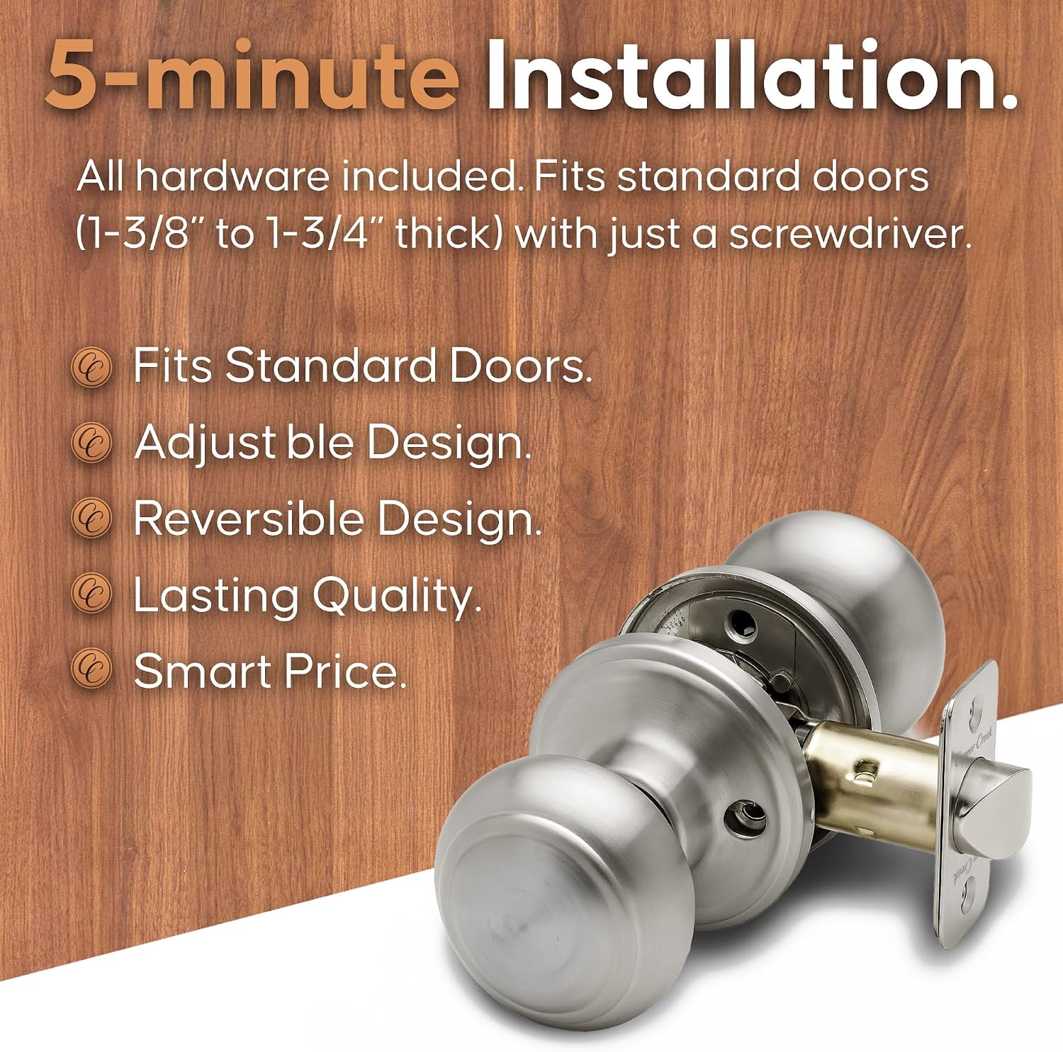 Copper Creek Colonial Privacy Interior Door Knob – ANSI Grade-3 Certified, Modern Heavy Duty Handle, Easy Install and Reversible for Bedroom, Bathroom and Closets – Satin Stainless (1 Pack)