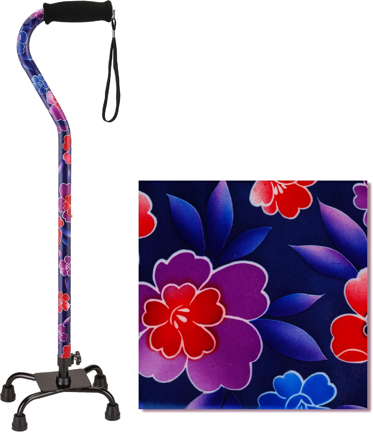 NOVA Designer Quad Cane, Lightweight Four Legged Cane with Soft Grip Handle, Height (for Users 4’11” - 6’4”) & Left or Right Adjustable, Butterflies Design