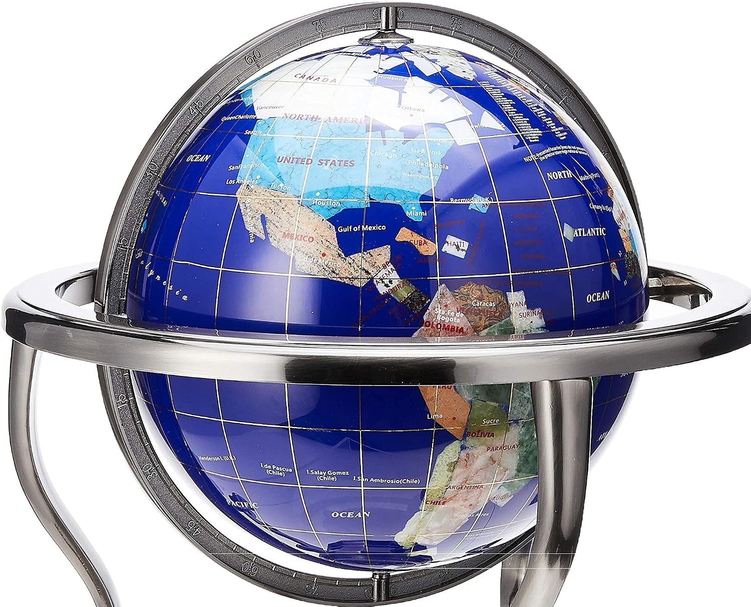 Unique Art 13-Inch Tall Table Top Blue Lapis Ocean Gemstone World Globe with Silver Tripod Stand