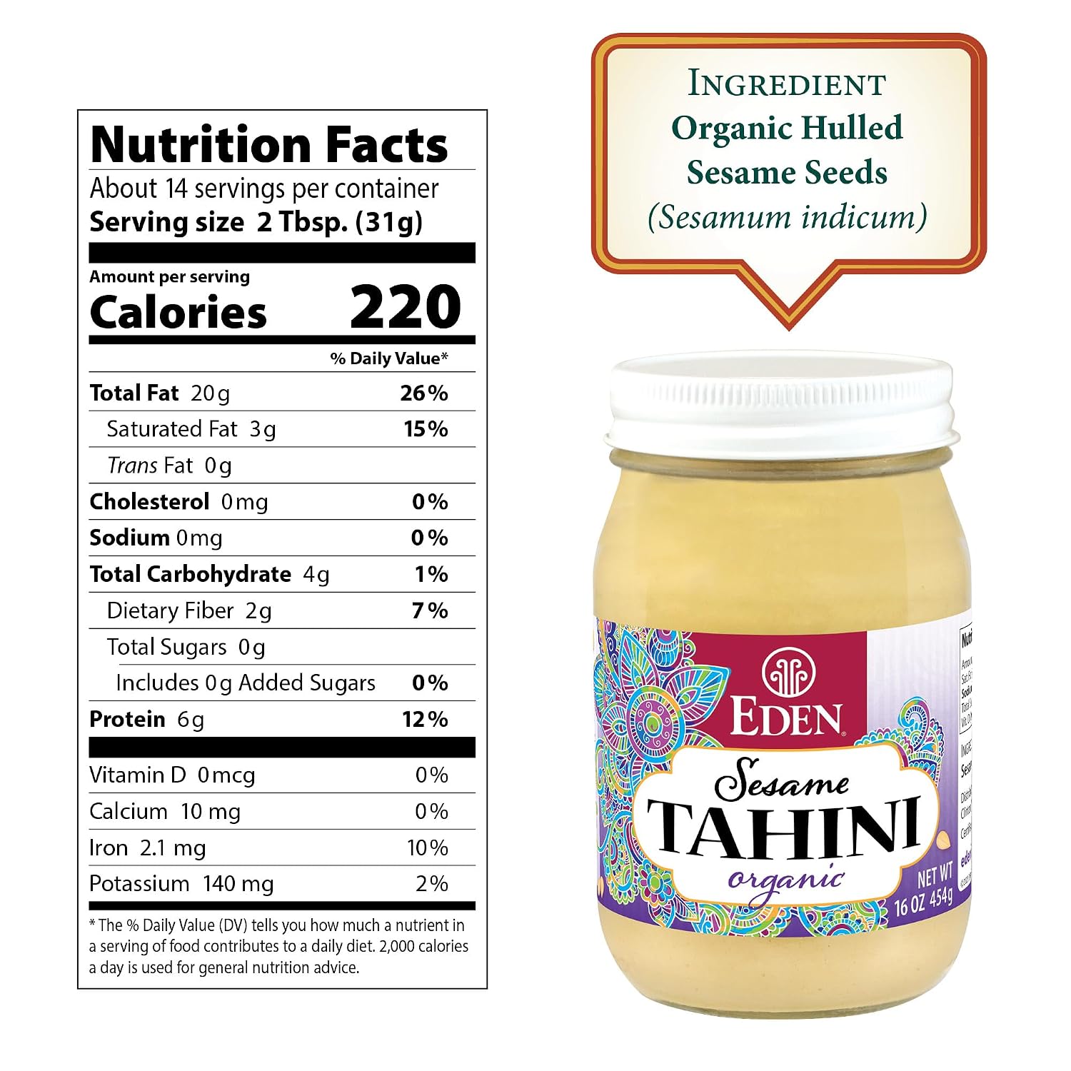 Eden Organic Roasted Tahini, 16 oz Glass Jar