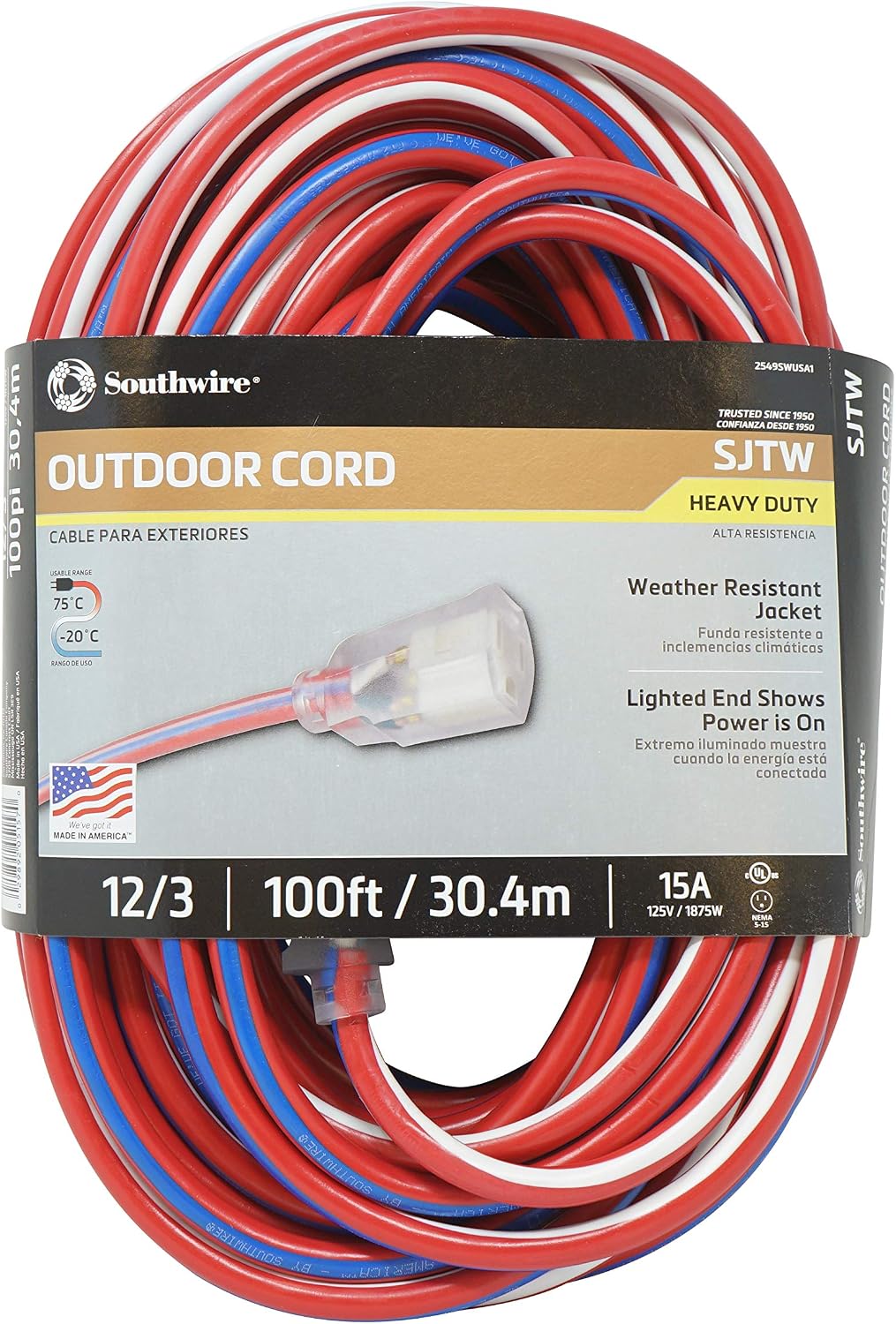 Southwire Heavy Duty Extension Cord, 50Ft, 12 Gauge, 3 Conductor, Outdoor Cord, Lighted End, SJTW, Red/White/Blue, 2548SWUSA1
