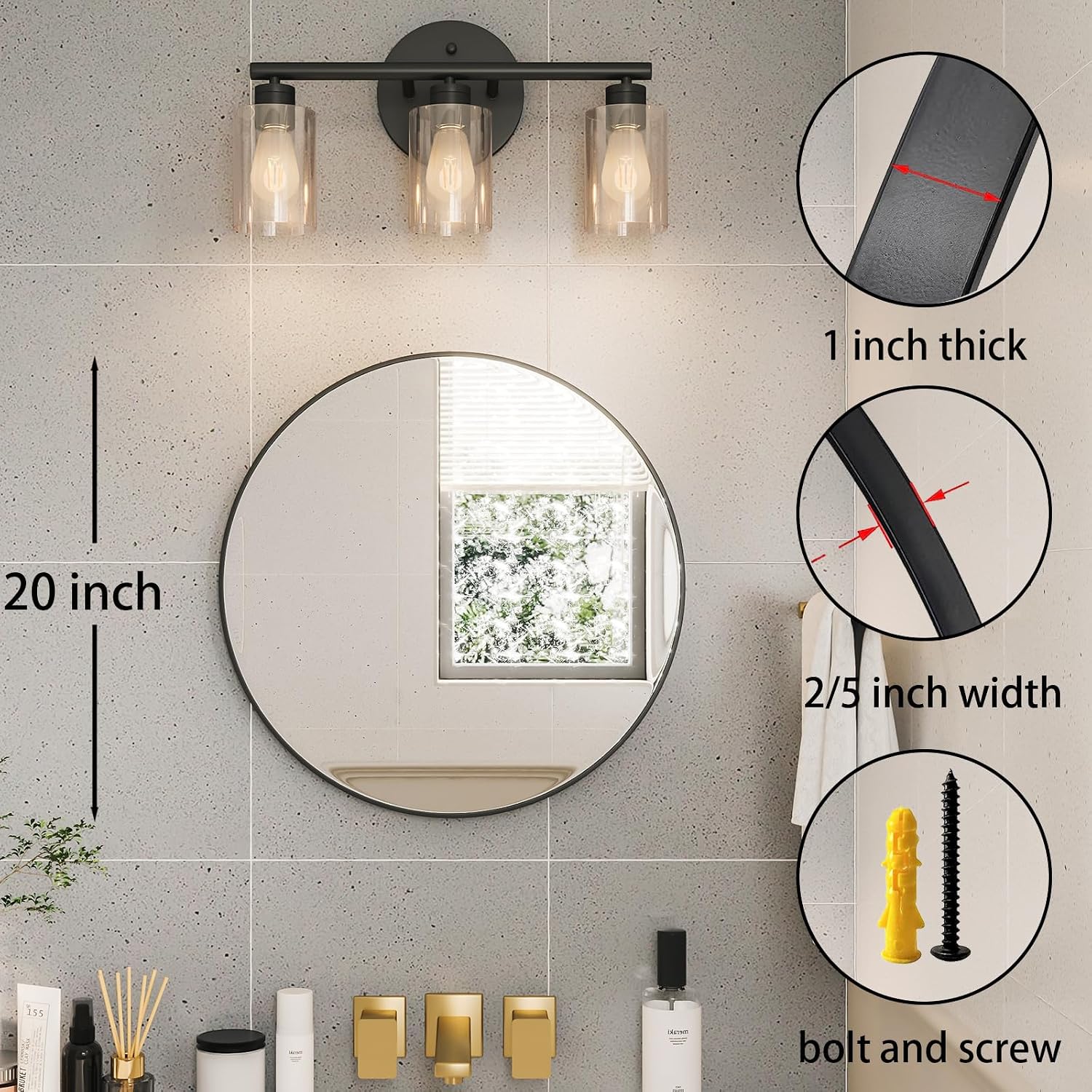 Growsun Black Round Mirror 24 inch, Wall Mounted Circle Mirror, Metal Framed Mirror for Bathroom Vanity, Bedroom Home Decor Mirros
