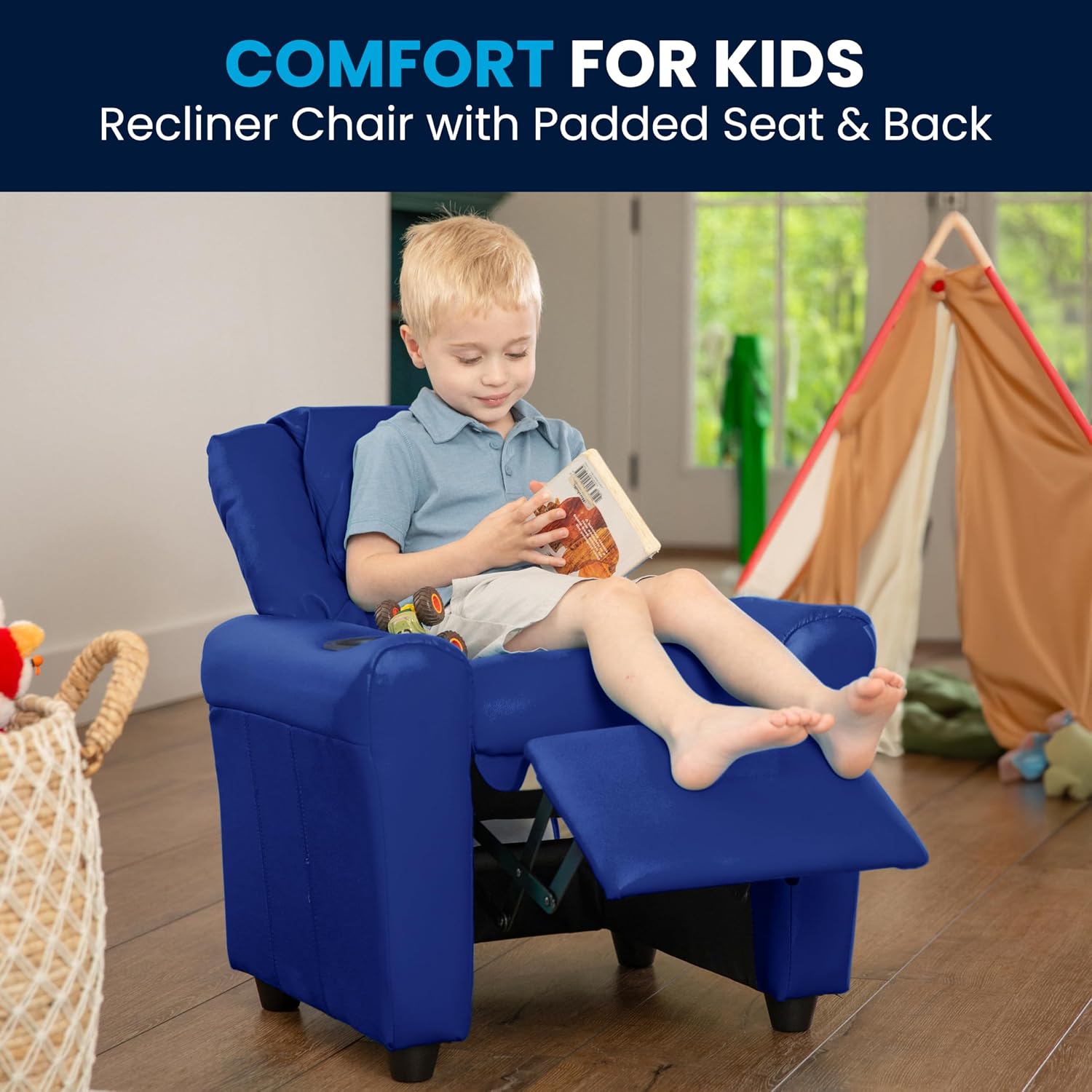 Flash Furniture Vana LeatherSoft Kids Recliner with Cup Holder, Headrest, and Safety Recline, Contemporary Reclining Chair for Kids, Supports up to 90 lbs., Brown | Manual Recline, Padded Seat and Back, Child-Friendly Design, Safety Recline Feature