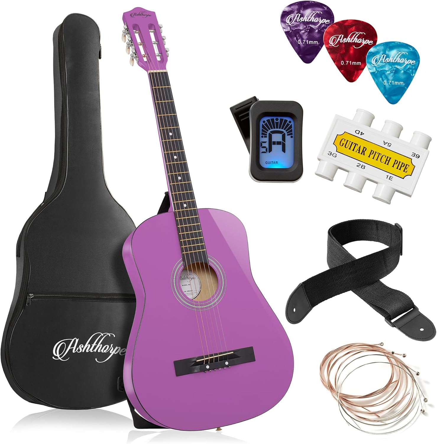 Ashthorpe 38-inch Beginner Acoustic Guitar (Red), Starter Kit with Gig Bag, Extra Strings, Strap, Picks, and Lessons