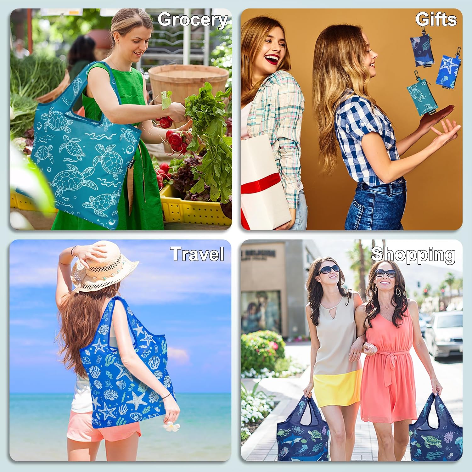 HOLYLUCK Reusable Grocery Bags,Heavy Duty Foldable Shopping Tote Bag (Standard, 3 Blue Geometric Flowers)