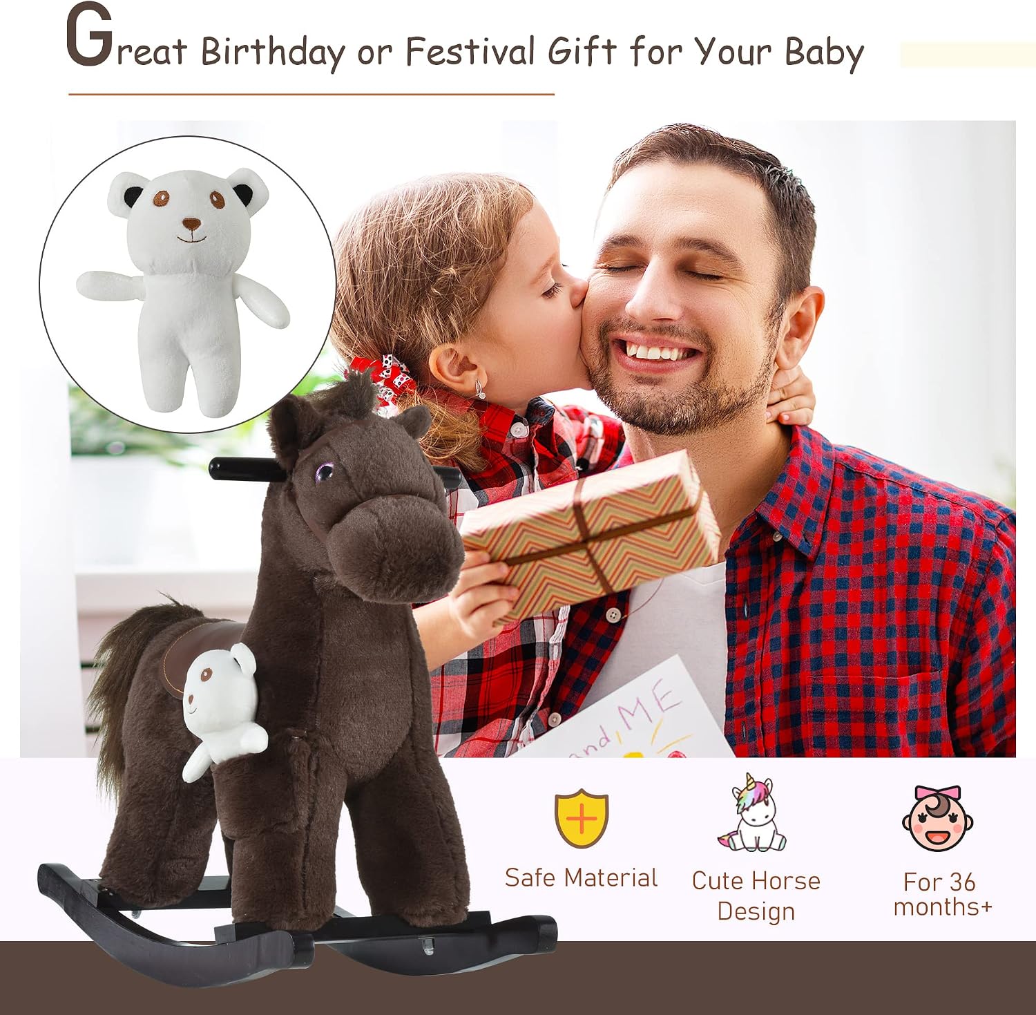 Qaba Kids Rocking Horse with Bear Toy Fun Realistic Sounds Toddler Blue