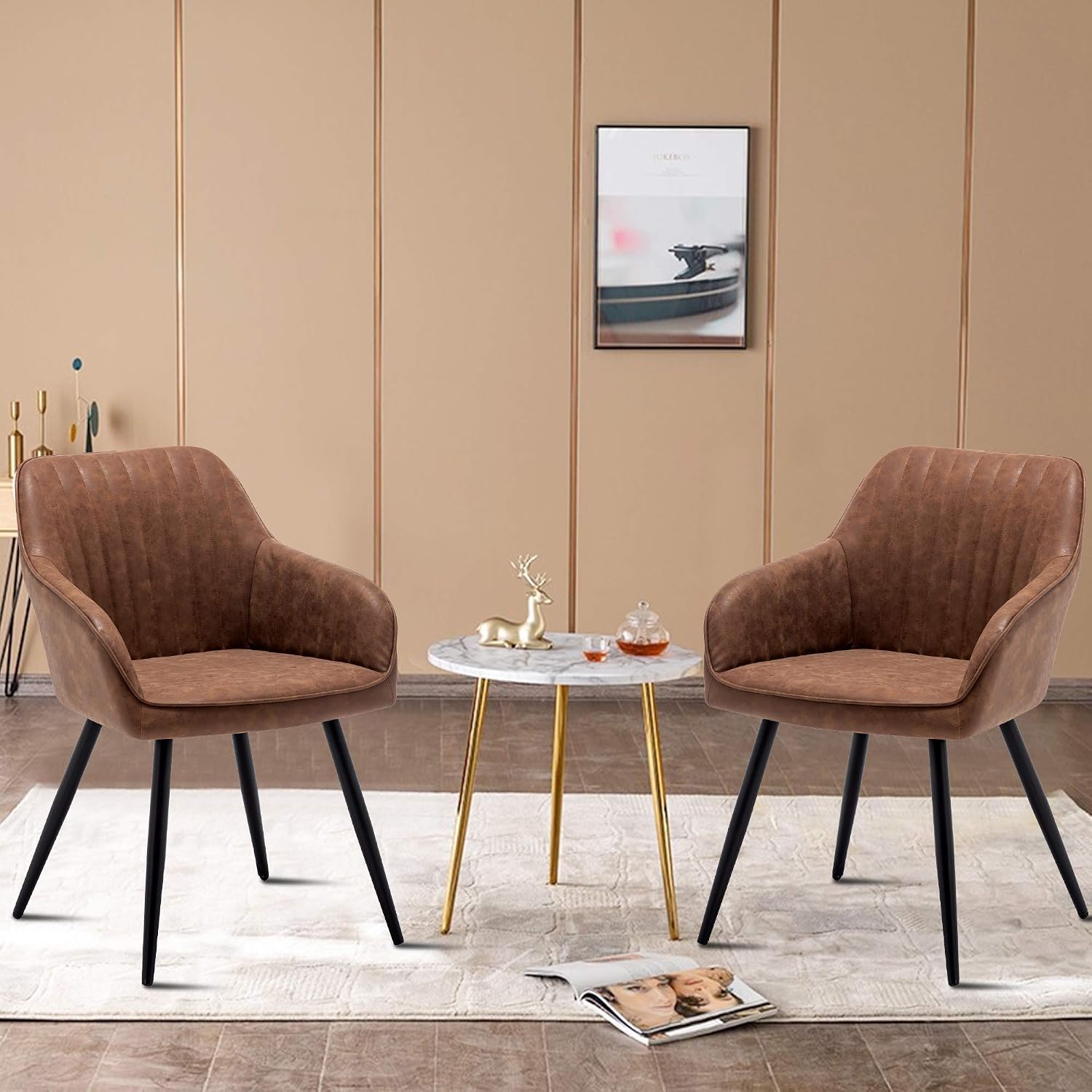 annjoe Faux Leather Accent Arm Chairs for Living Room Leisures/ Upholstered Chair with Metal Legs Set of 2 for Home Kitchen Office Bistro Cafe, Brown