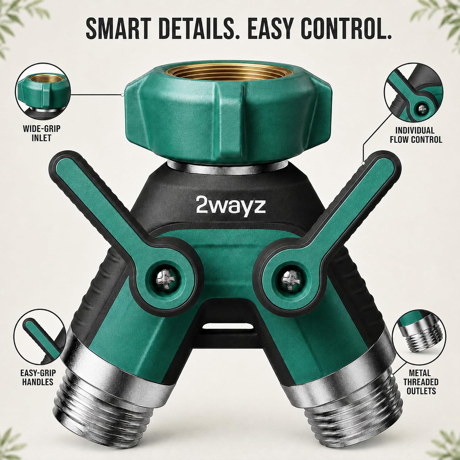 Hose Splitter 2 Way Heavy Duty Outdoor Faucet and Garden Connector - Water Spigot Splitter - Durable All-Metal Y Adapter with Shut-Off Valve - 4 x 4 x 1.5 Inches