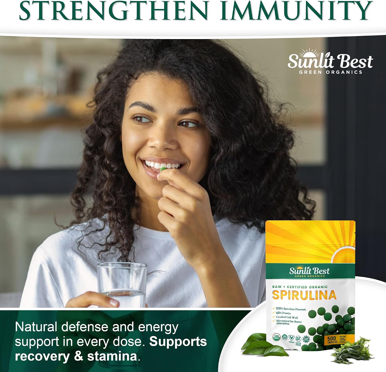 Sunlit Best Organic Spirulina Tablets, Pure Natural Superfood Pills 1000 CT | USDA Certified, 60% Vegan Protein, 18 Amino Acids, Chlorophyll Antioxidants Enzymes, Non GMO, Immune Liver & Energy Support