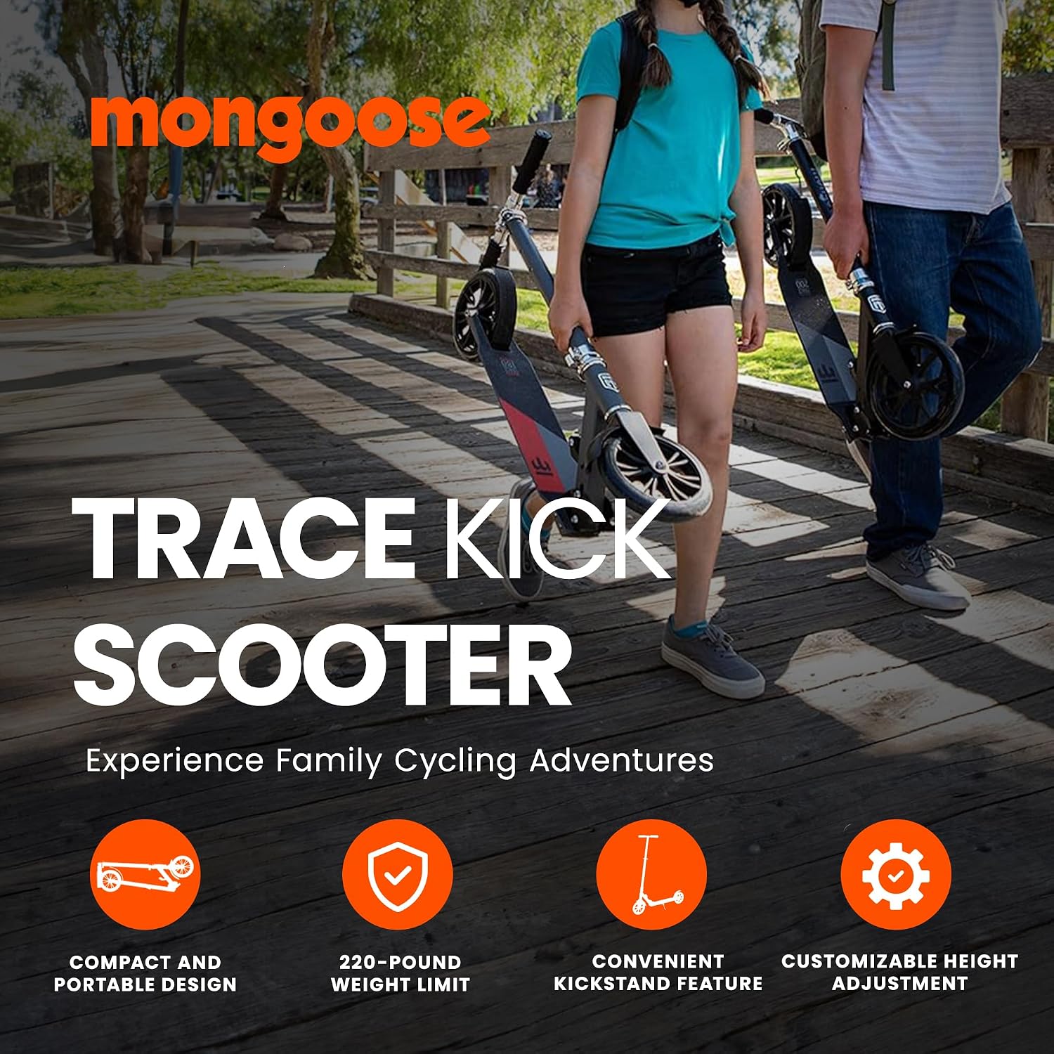 Mongoose Trace Kick Scooter for Youth Adult Boys and Girls, Quick-Release, Lightweight & Easy Folding Scooter, Bike Style Grips
