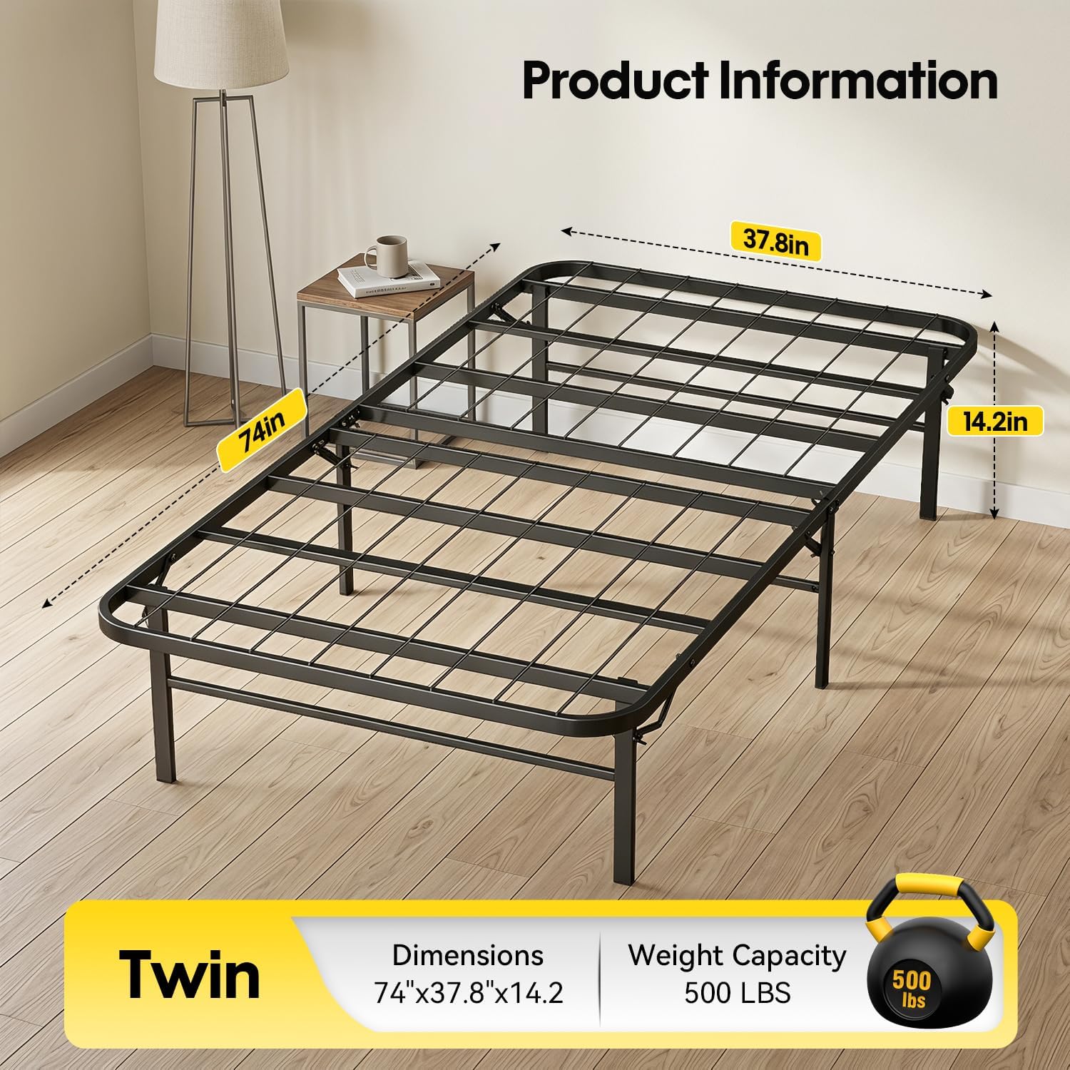 BestMassage | Twin Bed Frame | Metal | Heavy Duty Steel Slats with 6 Legs | Foldable | Sturdy, No Box Spring Needed | Easy to Assemble with Under-Bed Storage | Furniture for Home, Dorms