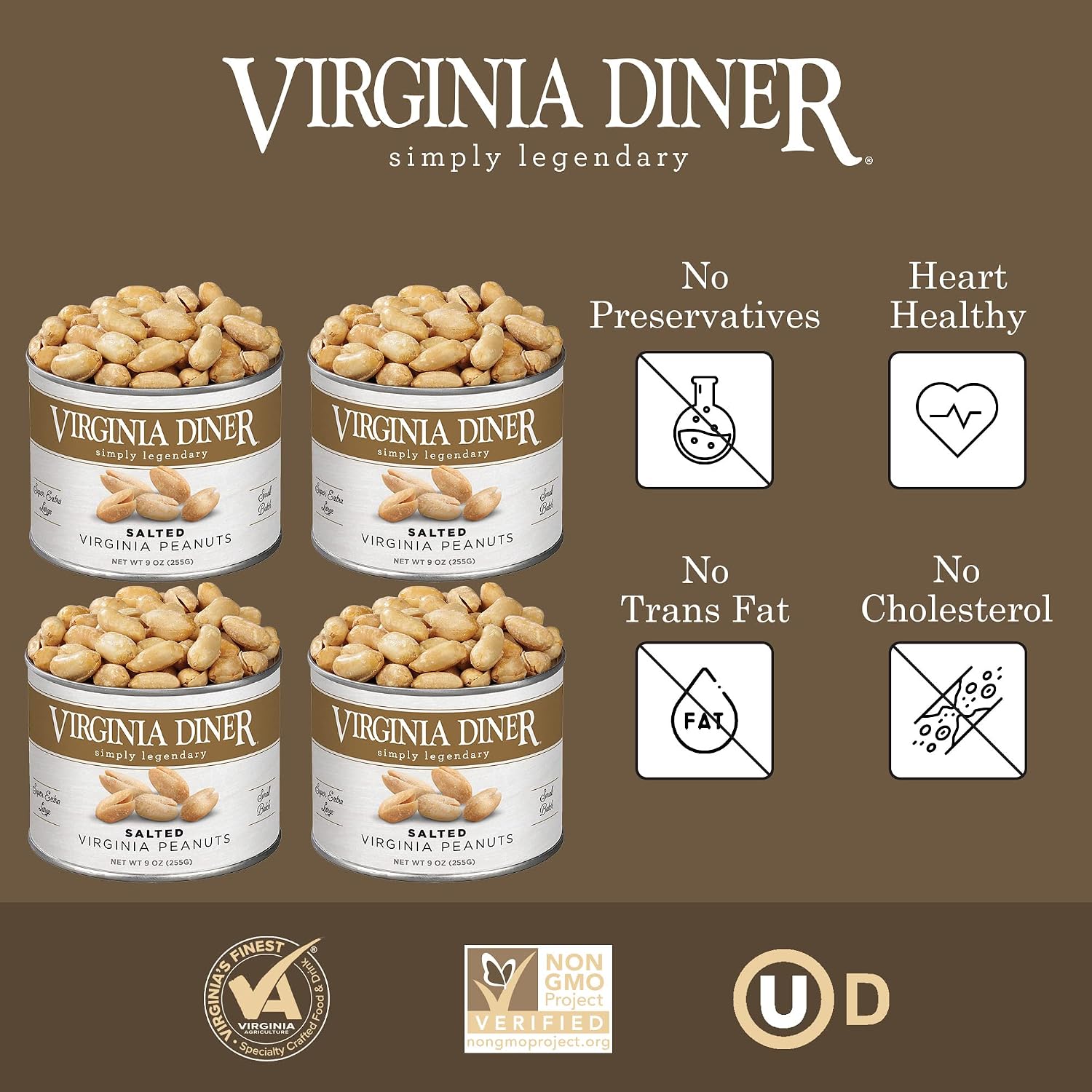 Virginia Diner Salted Virginia Peanuts - XL Gourmet Peanuts Non-GMO, Preservative Free Gifts from Virginia Since 1929-18 Oz Can