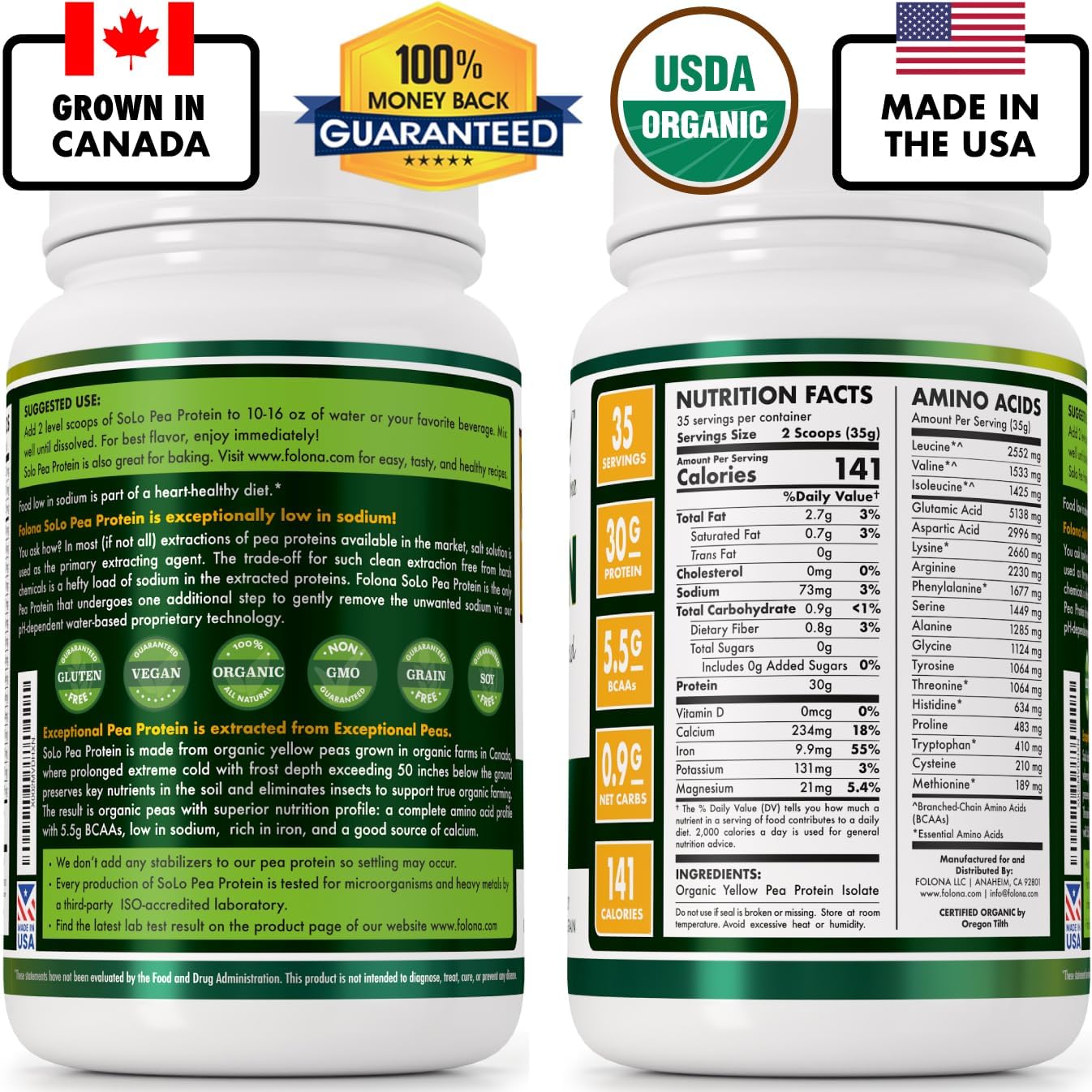 SOLO Organic Pea Protein Isolate, Unflavored Vegan Protein Powder (2.7 lbs)