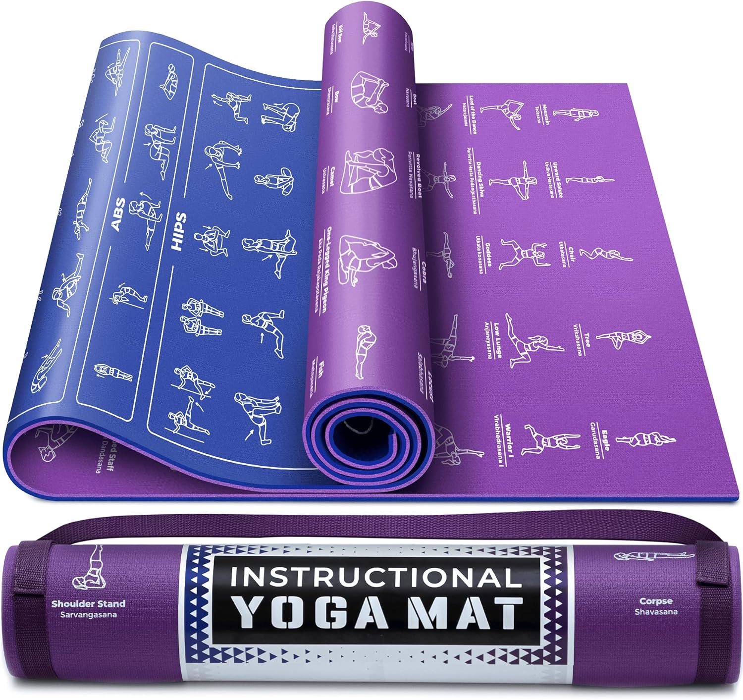 Instructional Yoga Mat with Carrying Strap: Cute Yoga Mat with 75 Illustrated Yoga Poses + 75 Easily-Followed Stretching Exercises - 1/4” Thick