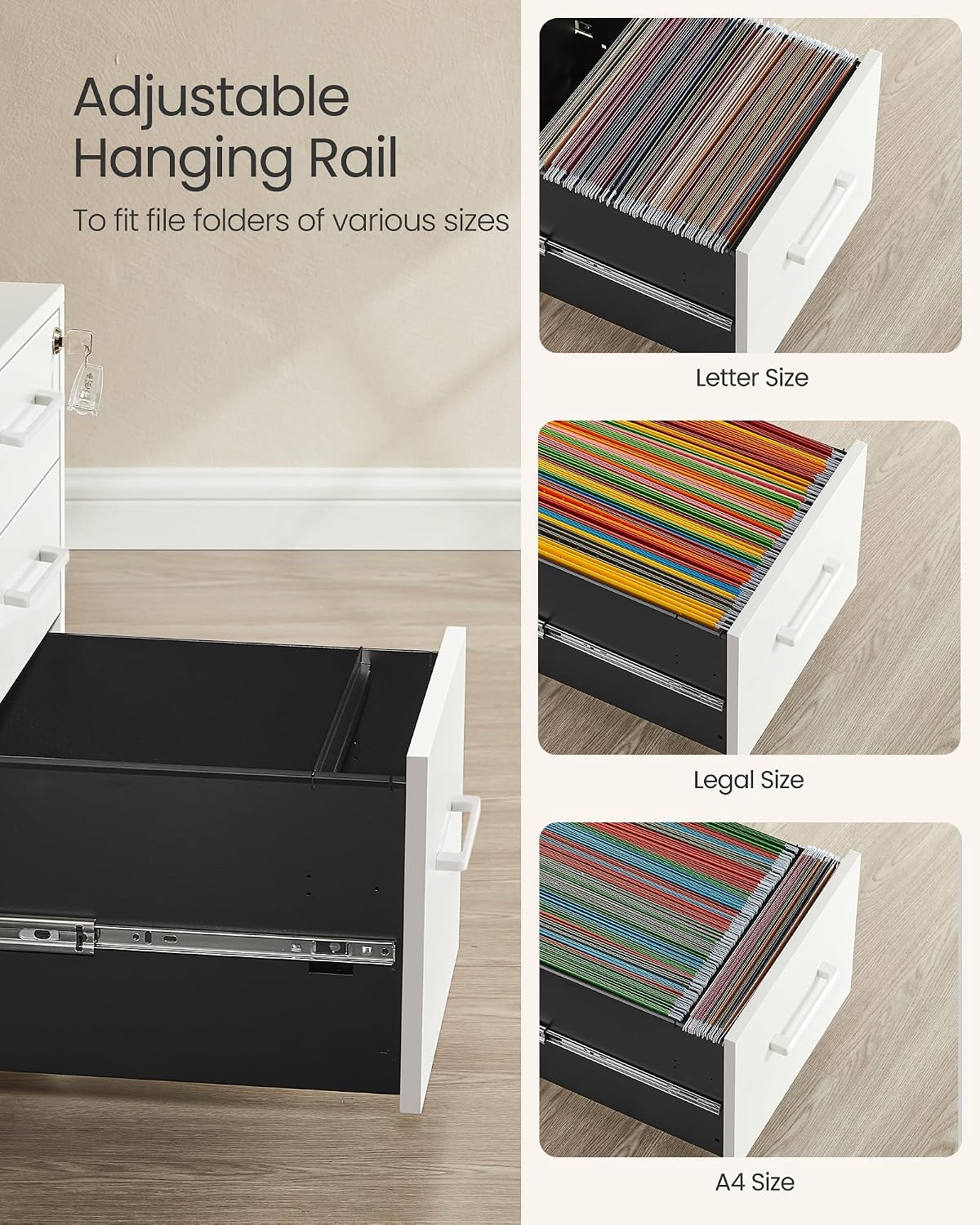 SONGMICS File Cabinet, Pre-Assembled Except Wheels and Handles, Office Filing Cabinet with Lock, for A4, Legal, Letter Sized Documents