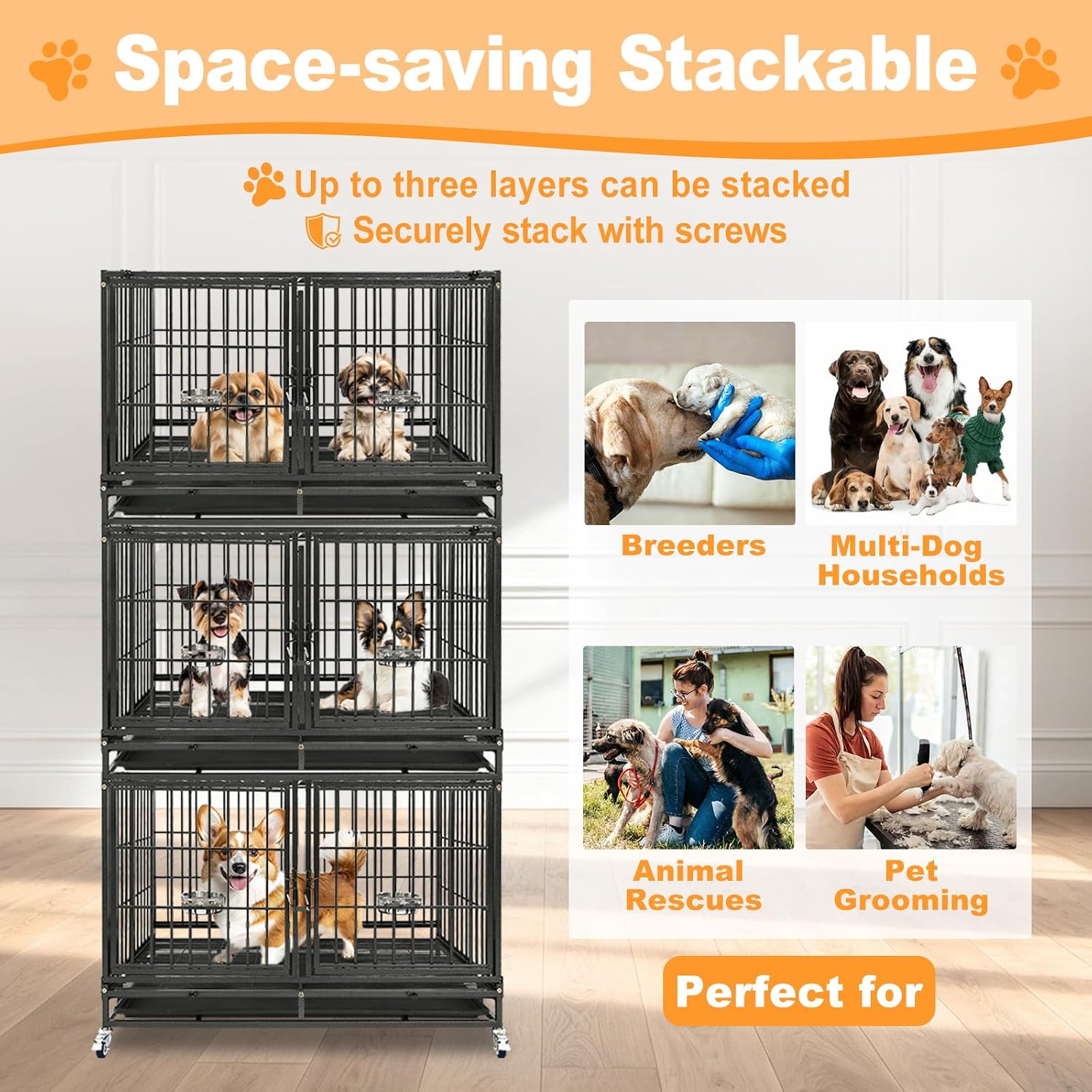 Homey Pet Three Tiers 43 inch Heavy Duty Dog Crate with Wheels, Dual Doors | Stackable Indestructible Steel Dog Cage Kennel Indoor with Divider, Trays, Bowls, Escape Proof Locks for Breeders and More