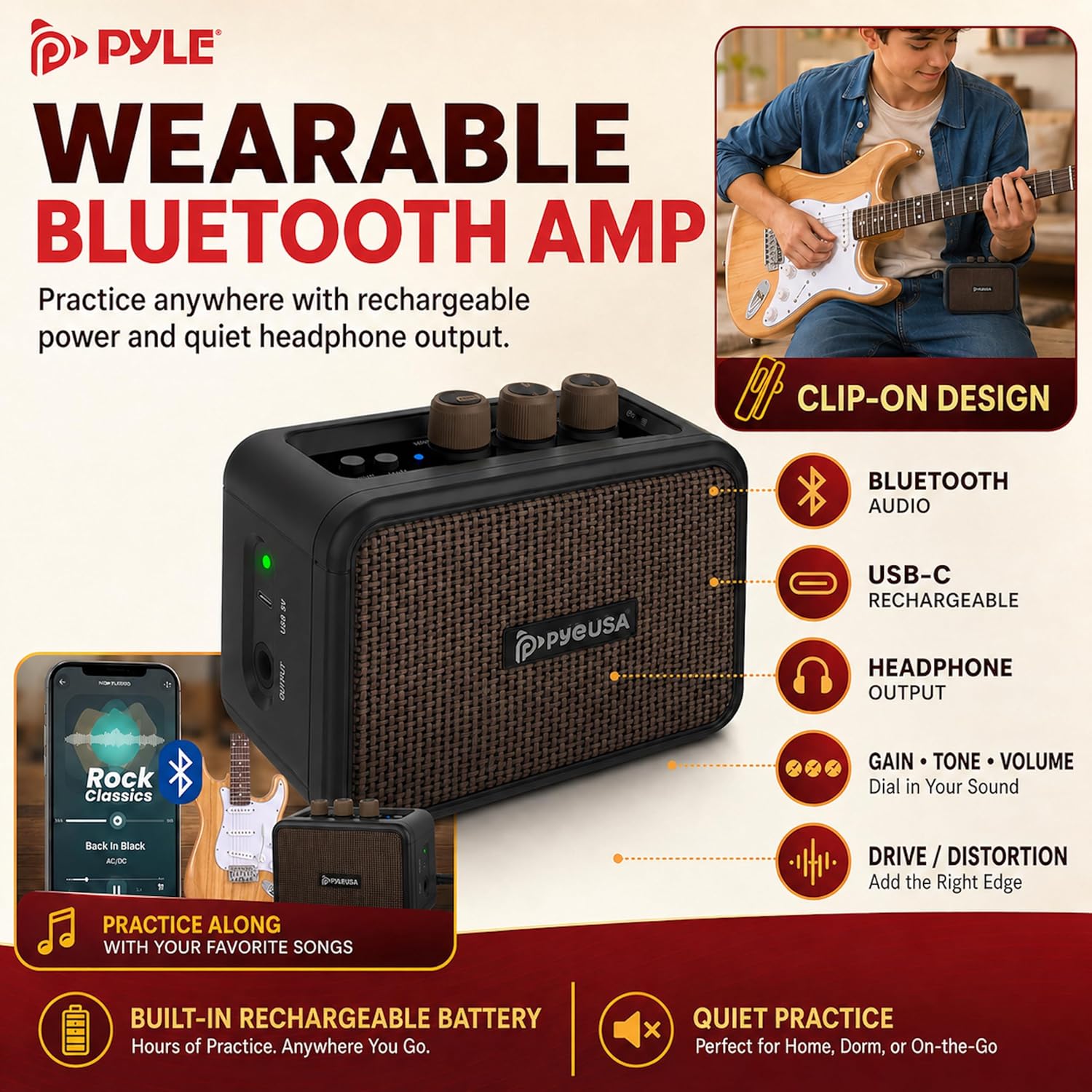 Pyle Electric Guitar and Amp Kit - Full Size 39" Complete Starter Kit with Wearable Bluetooth Amplifier, 1/4” Cable, Carry Case, Strap, Strings, Picks, Cleaning Cloth, ST-Style Pickups (Black)