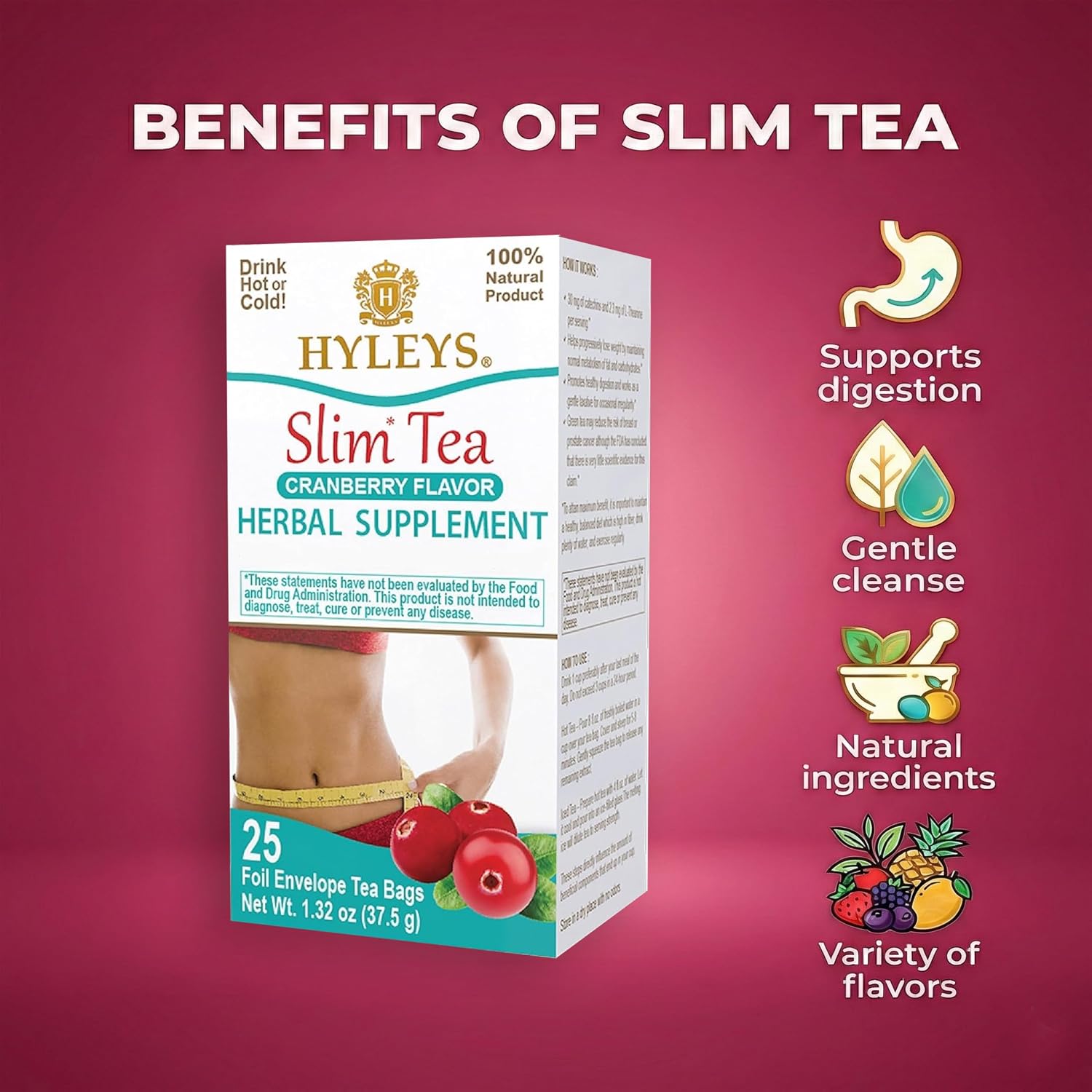 HYLEYS Slim Tea Goji Berry, Weight Loss Detox, Slimming Diet Tea, 25 Bags | Green Tea, Senna Detox & Cleanse, 3 Natural Ingredients, No Added Sugar, 1-Step Bedtime Routine, Supports Digestion