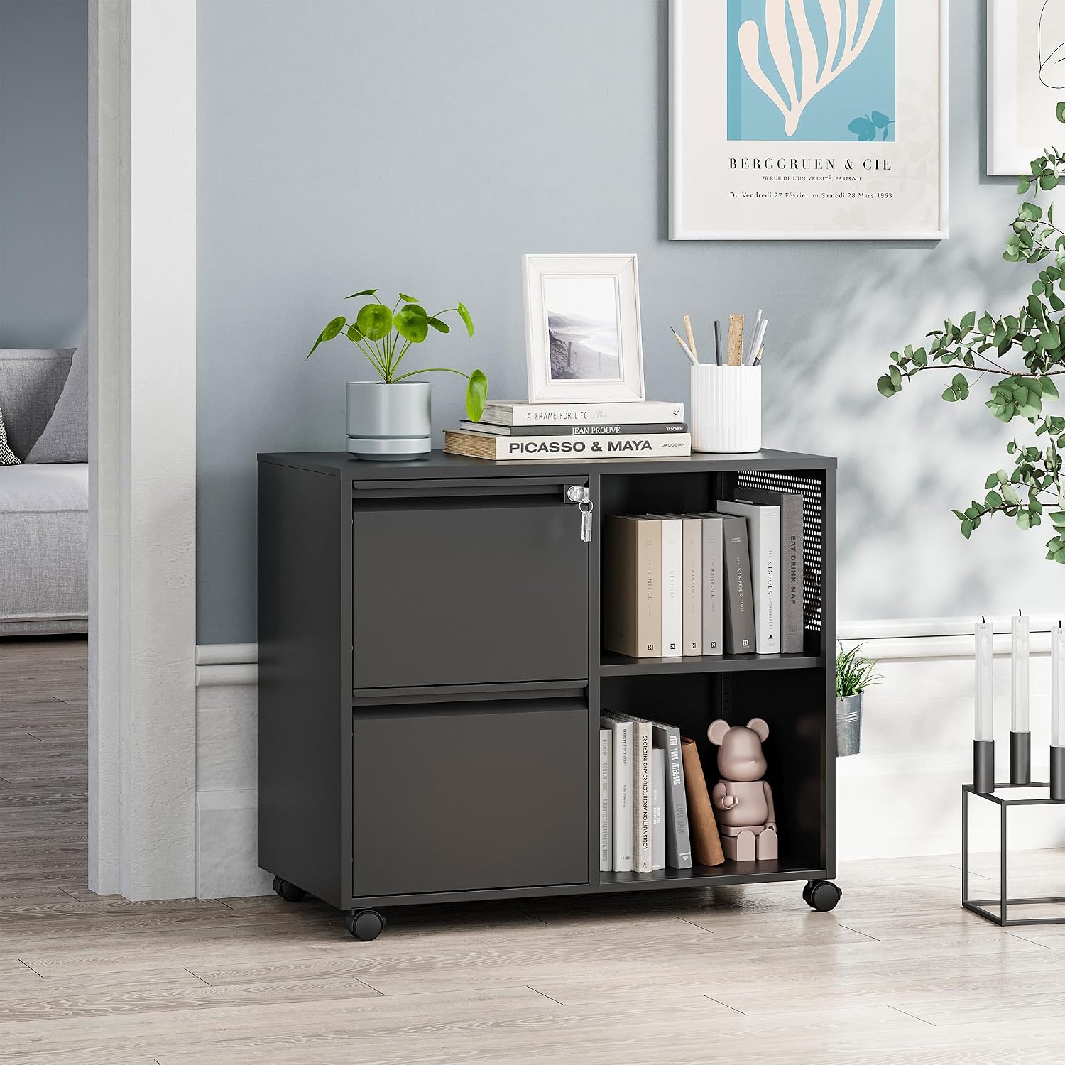 MIIIKO 3 Drawer File Cabinet with Lock, Metal Lateral Rolling Printer Stand Filing Cabinets for Home Office Storage,A4, Letter,File Folders(White)