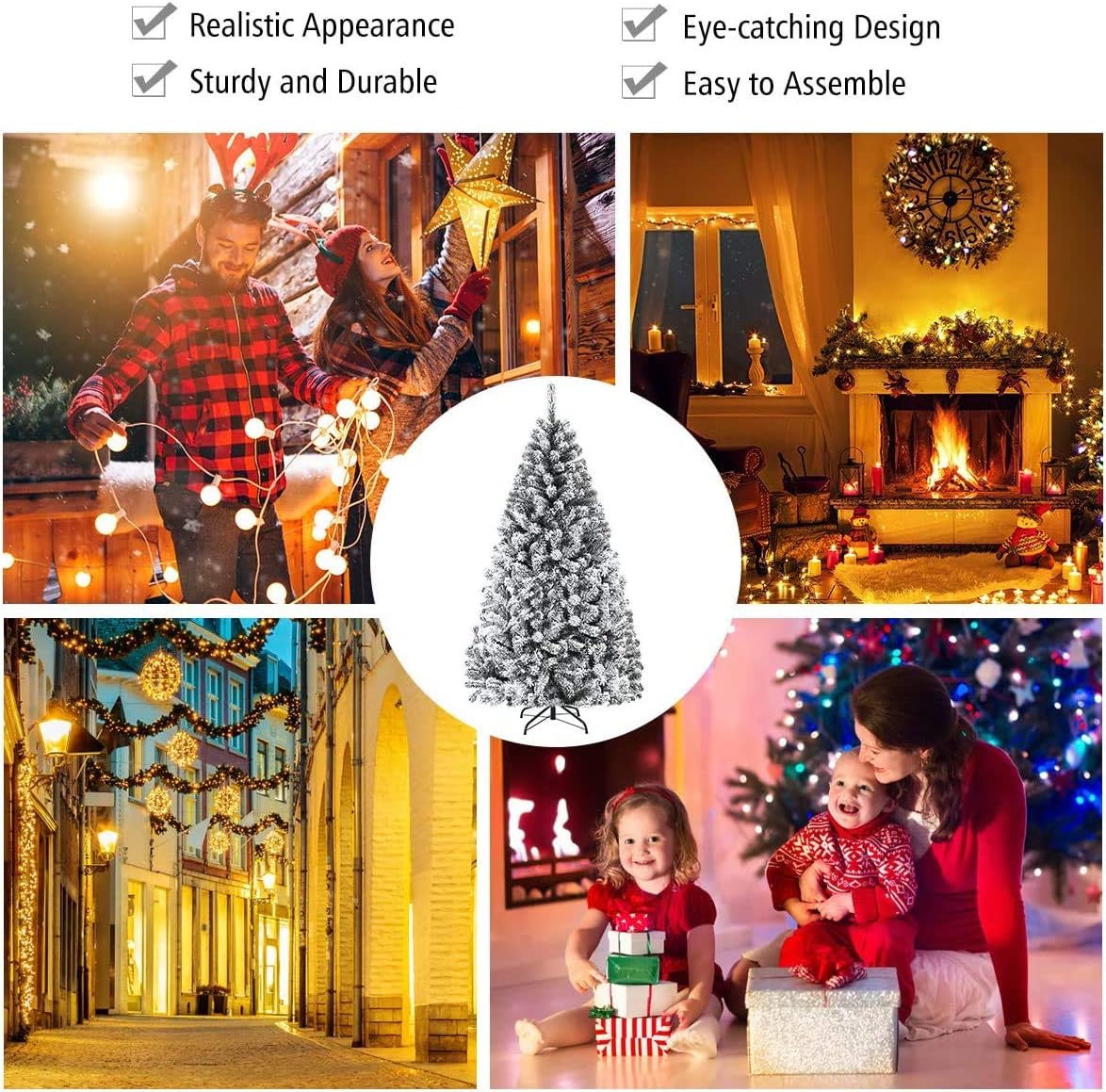 ReunionG 7.5FT Snow Christmas Tree, Artificial Flocked Hinged Pine Tree, Holiday Decoration Tree with Premium PVC Needles and Solid Metal Stand