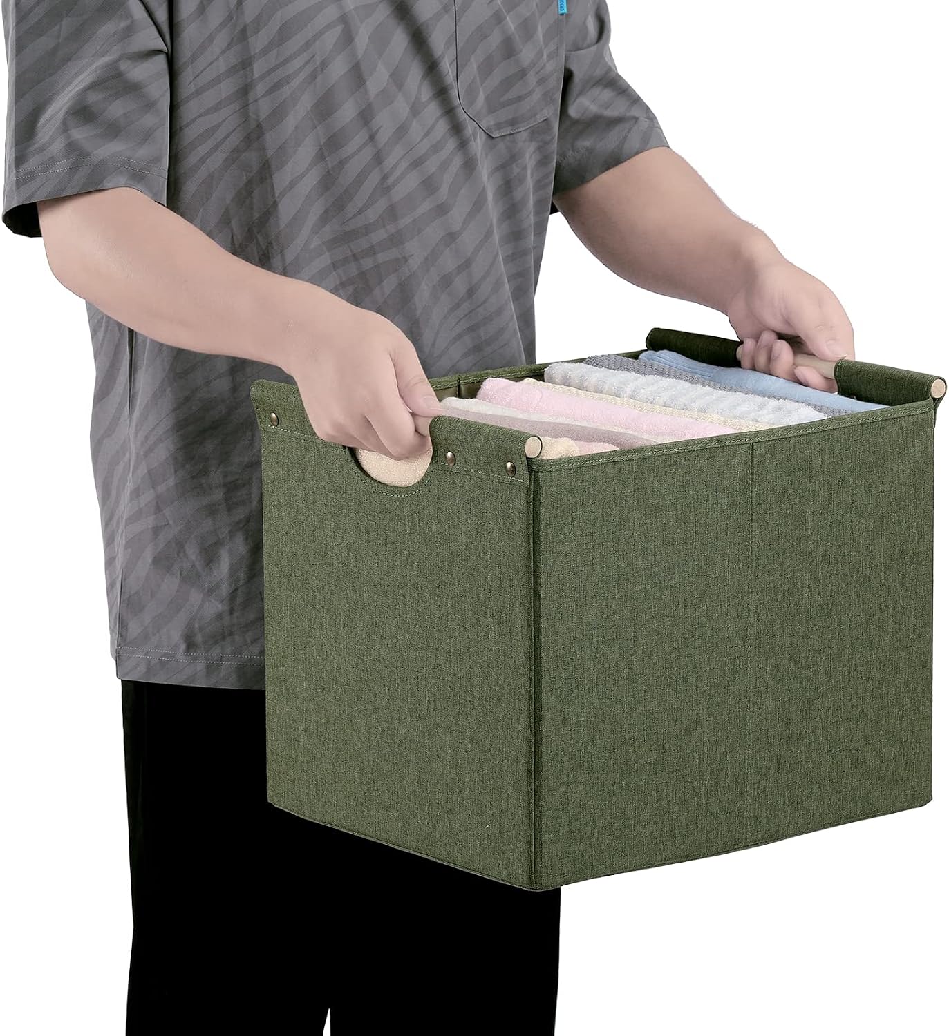 HOONEX Large Collapsible Storage Bins, Linen Fabric, 2 Pack, Storage Baskets with Wooden Carry Handles and Sturdy Heavy Cardboard, for Home, Office