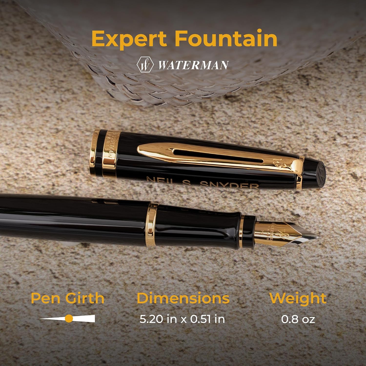 Waterman Expert Fountain Pen, Black Lacquer with 23k Gold Trim, Custom Engraved — Retirement, Board Recognition, or Executive Gift