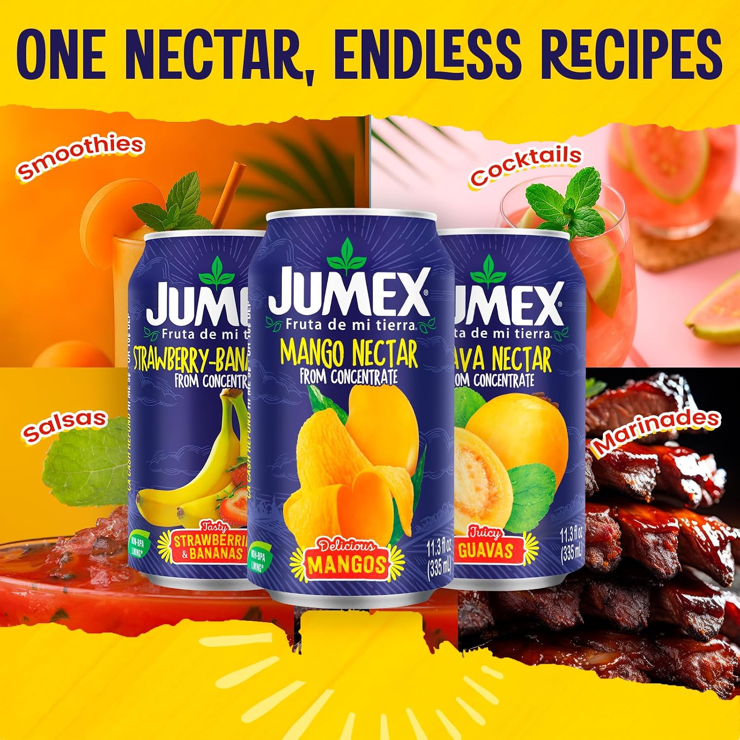 Jumex Mango Nectar Juice & Peach Nectar - Made with Fresh Fruit Puree - Tropical Fruit Juice Concentrate for Smoothie Mix, Cocktail Mixers & Kids Beverages - 11.3oz, 12 Pack Canned Drinks