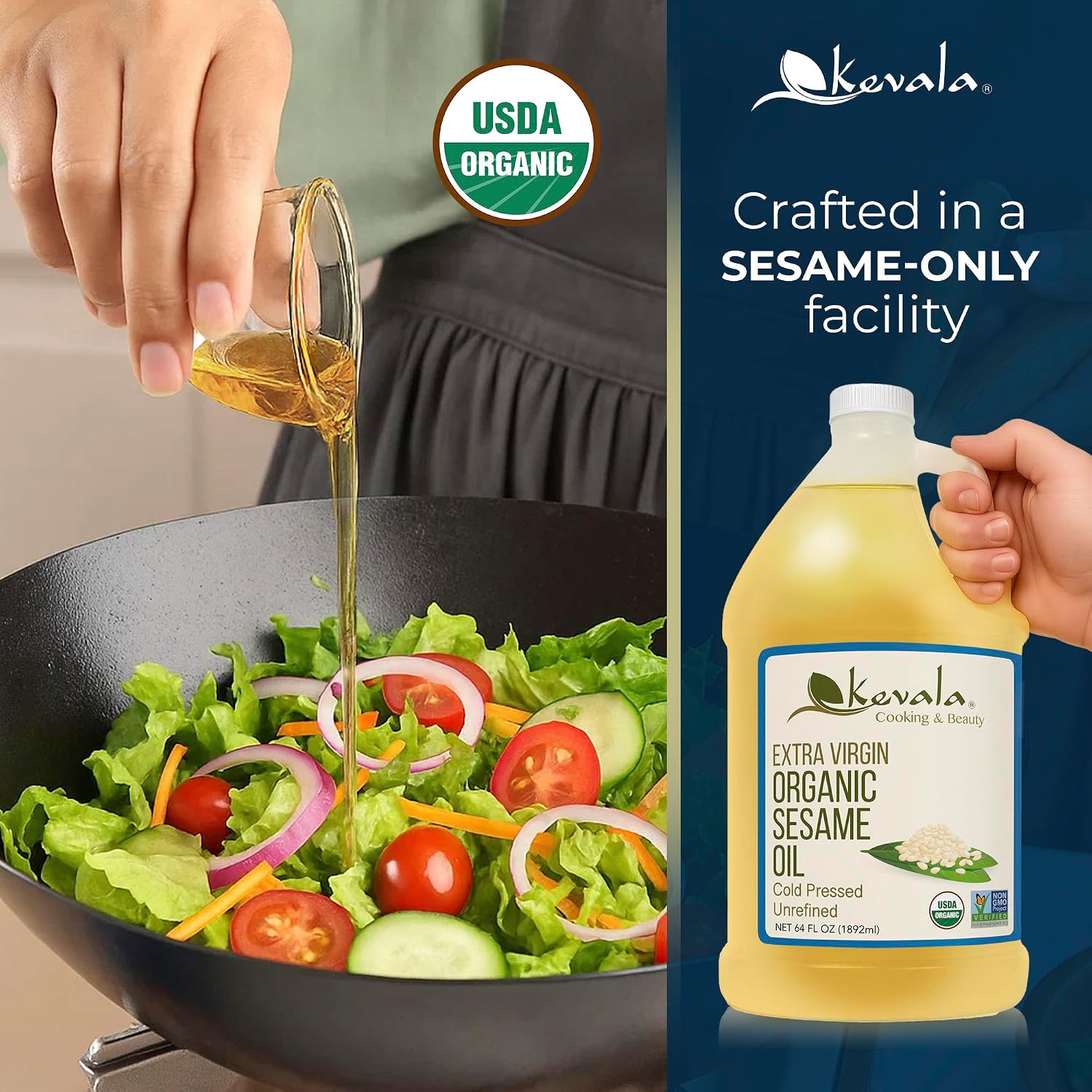 Kevala Organic Extra Virgin Sesame Oil – Cold Pressed, Unrefined & Non-GMO Cooking Oil for Salad, Frying, Baking
