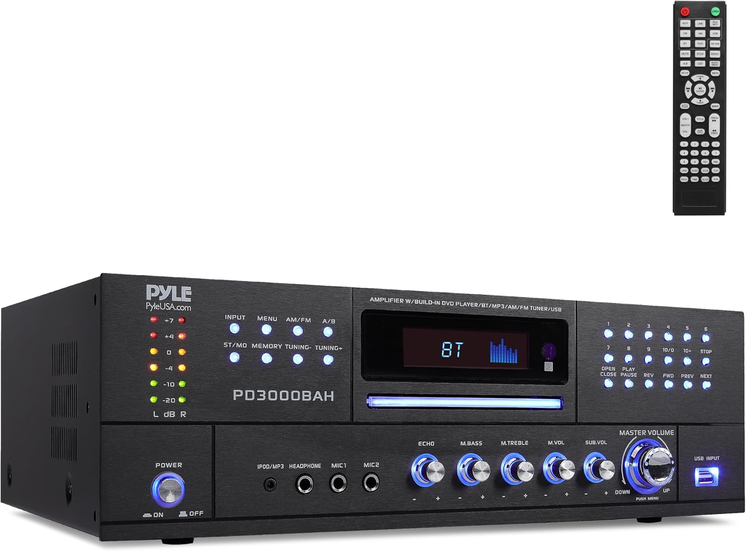 Pyle 4 Channel Bluetooth Home Amplifier - Front Loading DVD/CD Player - 3000W Peak Stereo Receiver - 2 Mic Inputs w/ Echo, FM Radio,Optical In,USB,RCA,Composite, LED Level Meter, Rack Mount - PD3000BA