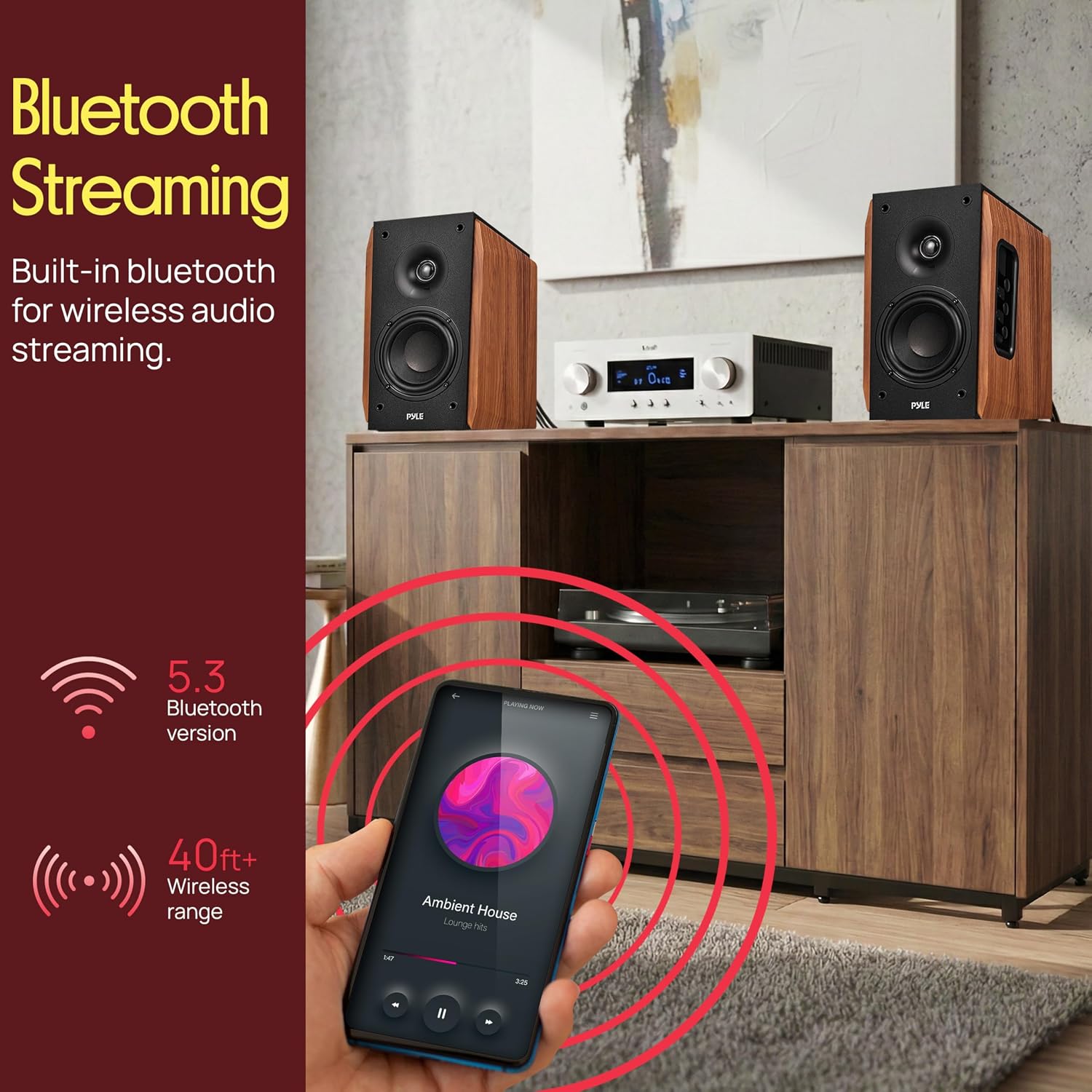 Pyle Powered Bookshelf Speaker System with Bluetooth, 80W Active Stereo Speakers, Bass Reflex Natural Wood Cabinet, Hi Def ARC, Optical, Coax, Subwoofer Out, for Entertainment, Studio (Pair)