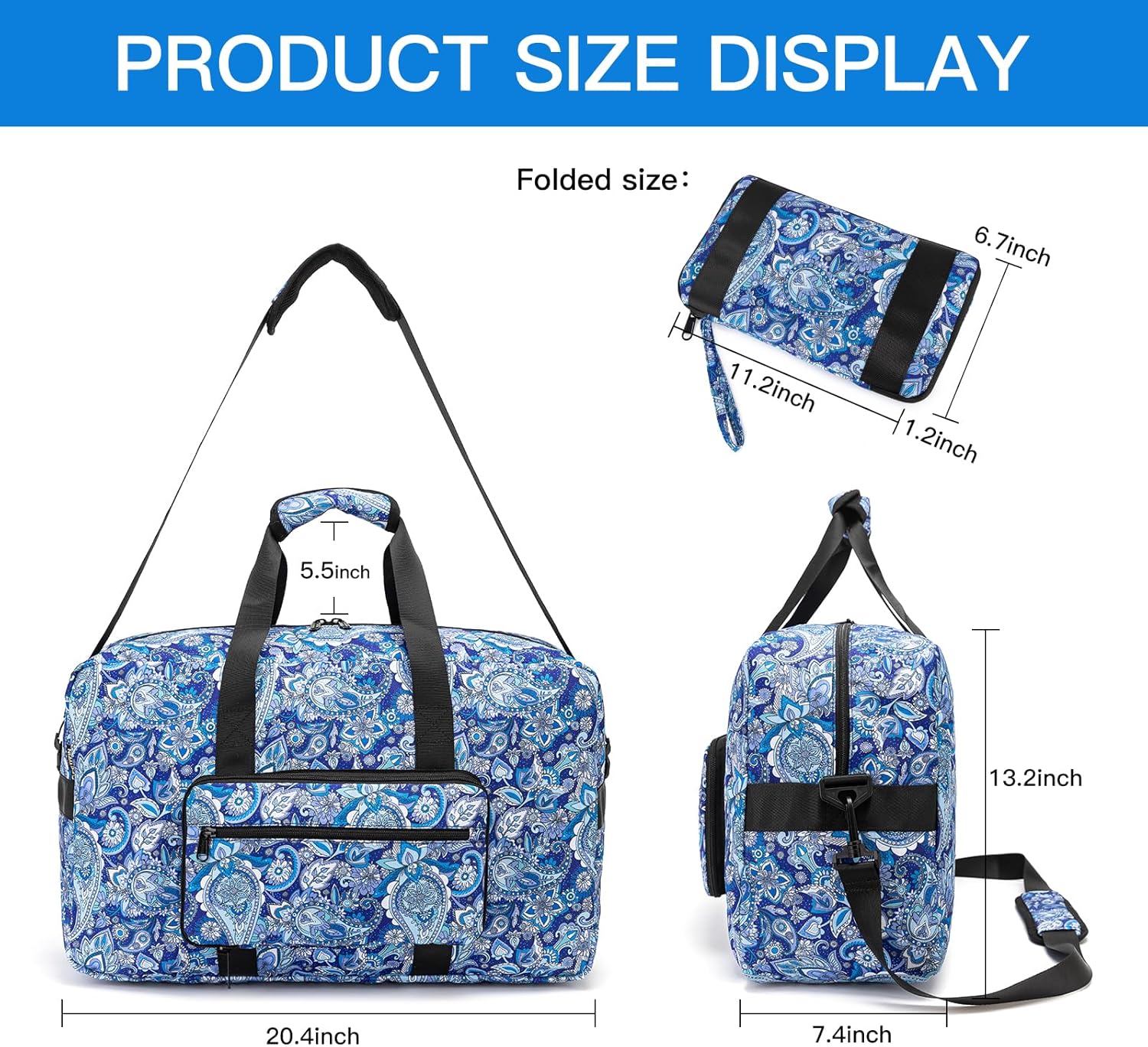 Travel Foldable Waterproof Duffel Bag - Lightweight Carry on Luggage Tote Duffel Bag(Black Floral)