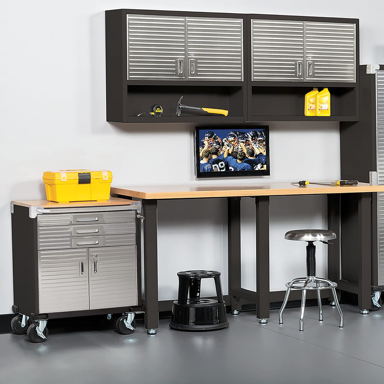 Seville Classics UltraHD Heavy Duty Rolling Cabinet Workbench Table w/Solid Wood Top, Workstation for Garage, Office, Workshop, Granite, 6-Drawer (28" W x 18" D