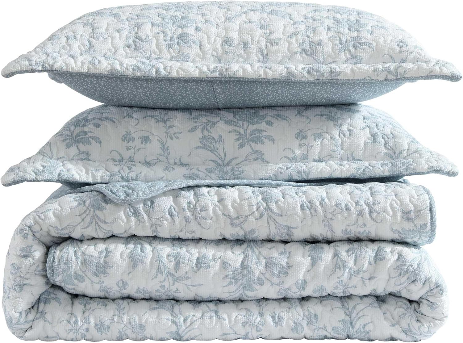 Laura Ashley – Queen Quilt Set, Soft & Lightweight Toile Bedding with Matching Shams, Reversible Floral Room Decor, College Dorm Room Essentials (Amberley Blue)