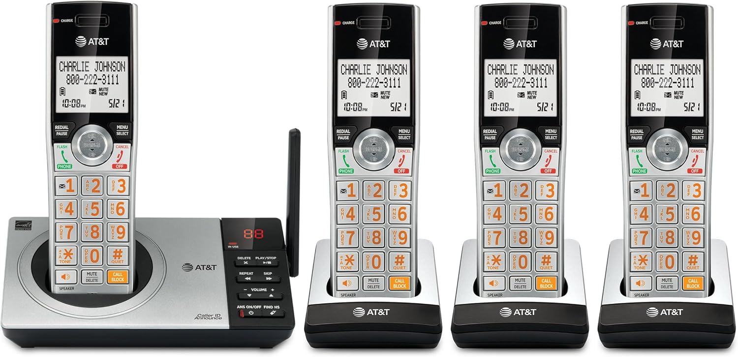 AT&T DECT 6.0 Expandable Cordless Phone with Answering System, Silver/Black with 3 Handsets