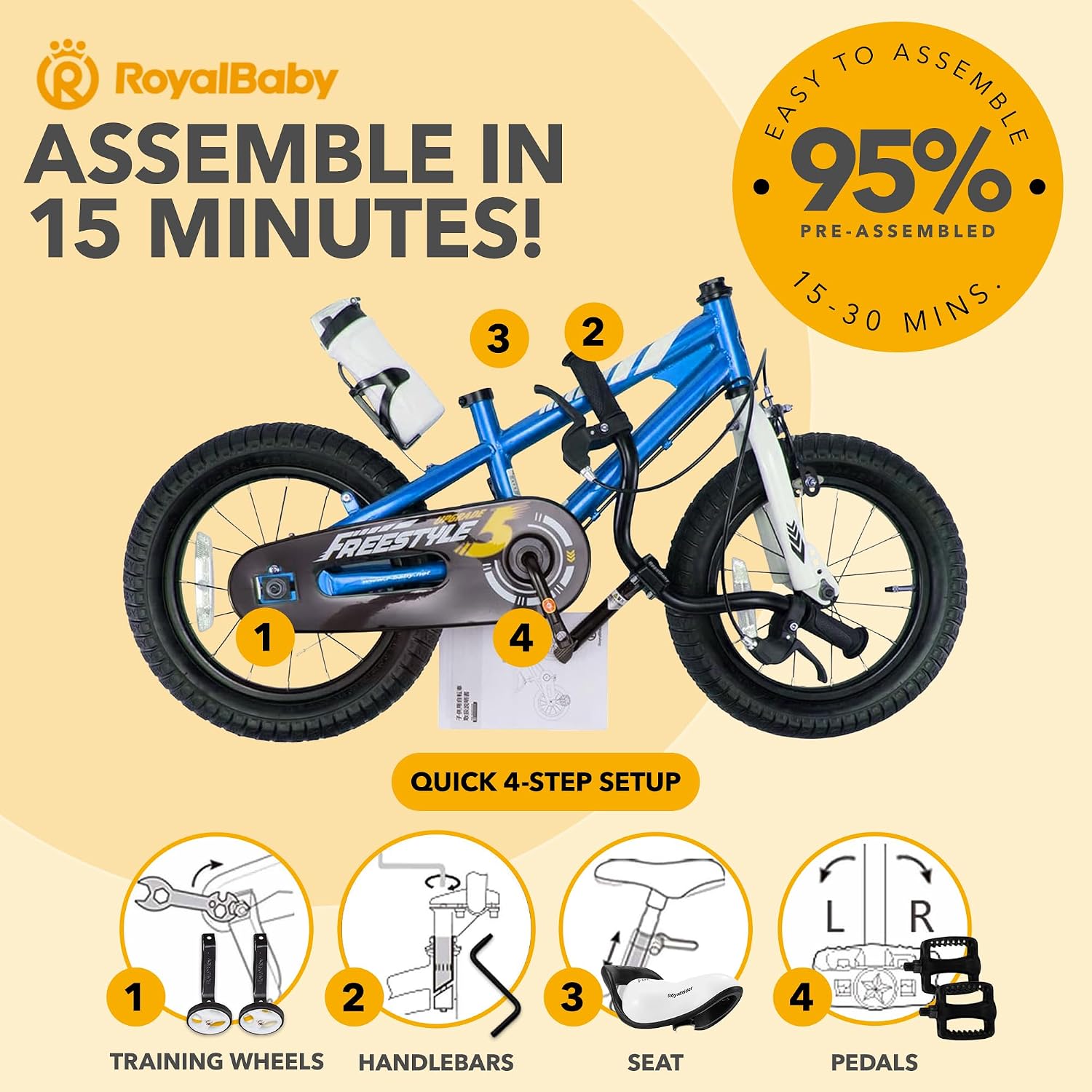 RoyalBaby Freestyle Kids Bike 12 14 16 18 20 Inch Bicycle for Boys Girls Ages 3-10 Years, Multiple Color Options