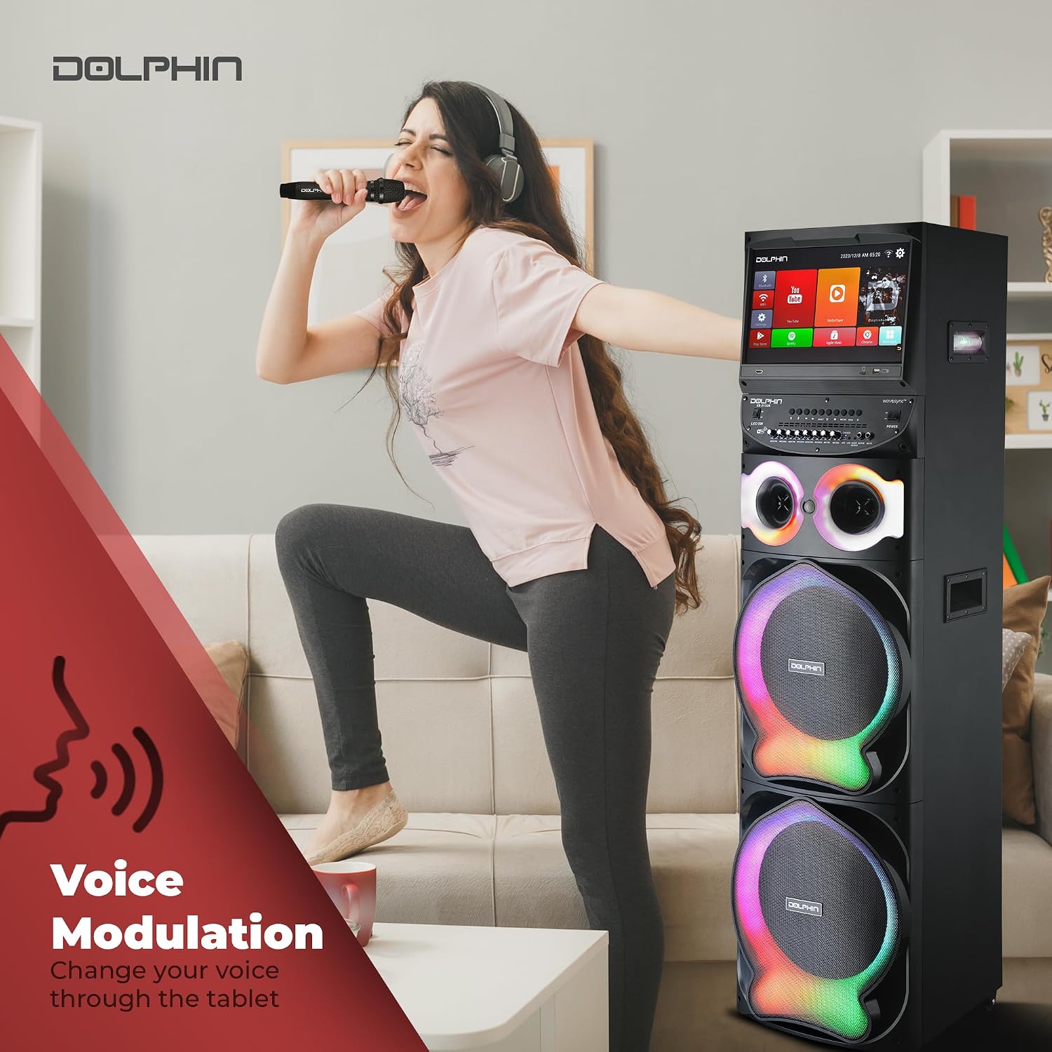 Dolphin Karaoke Machine with 2 Wireless Microphones, Dual 12" Woofers | 200W RMS, 15.4" Touchscreen, Android, Bluetooth, HDMI, WiFi, USB, TF
