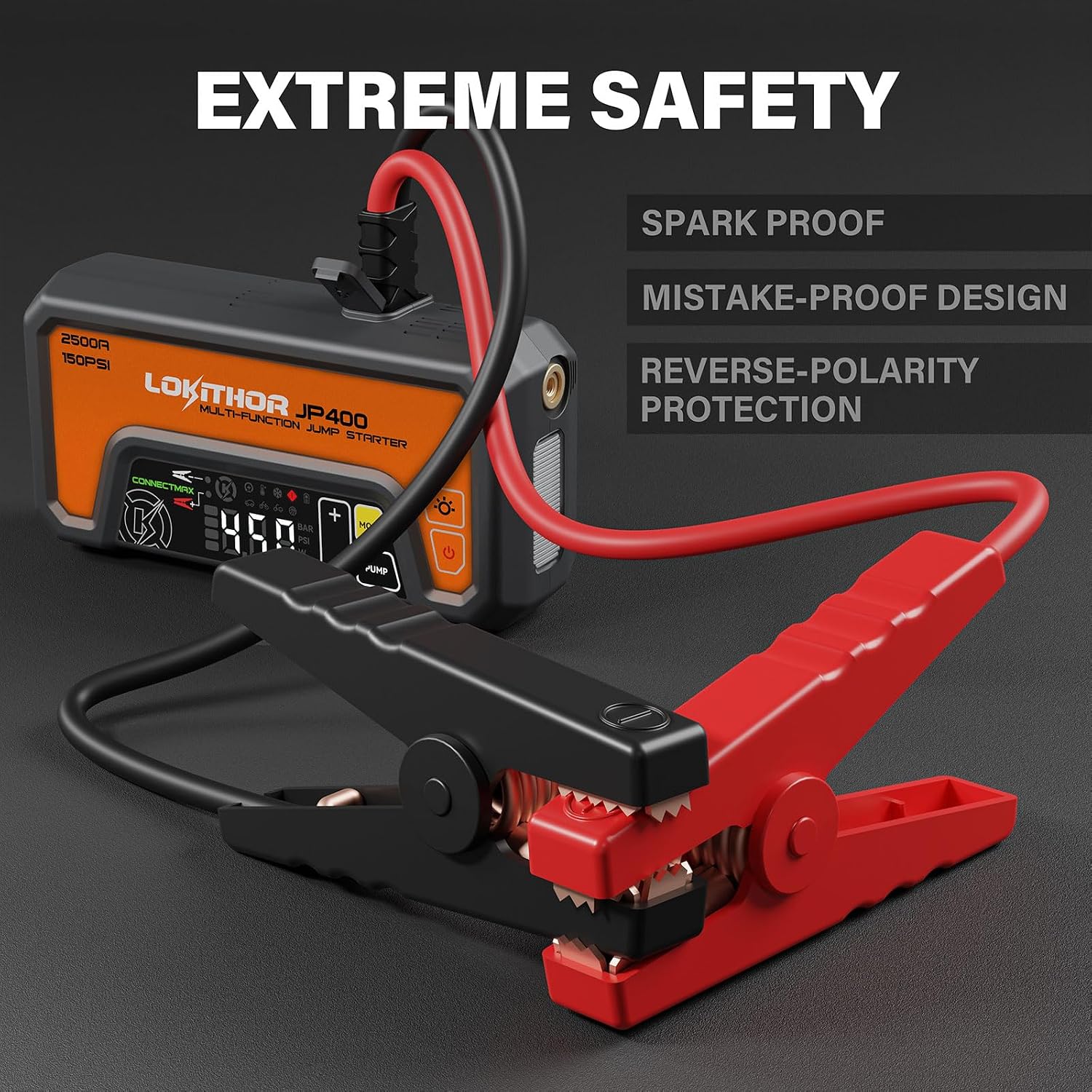 LOKITHOR JP400 Jump Starter with Air Compressor for 8.5L Gas/6.5L Diesel | 2500A 12V Portable Jumper Starter for Car, 150PSI Tire Inflator, 300 Lumen LED Light, Power Bank, ConnectMax, Jumper Cables