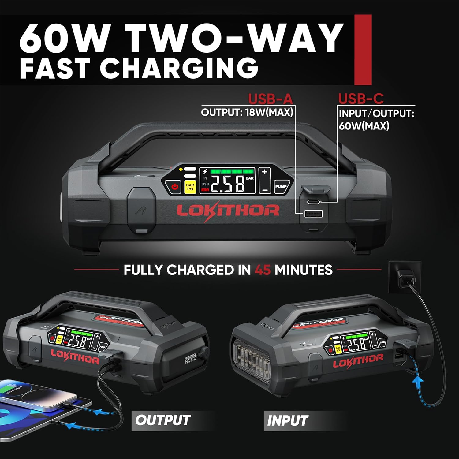 LOKITHOR JA400 Jump Starter with Air Compressor(7.5L Gas & 5.5L Diesel) | 1750A 12V Portable Jumper Box | 150PS 40LPM Tire Inflator, Digital Display